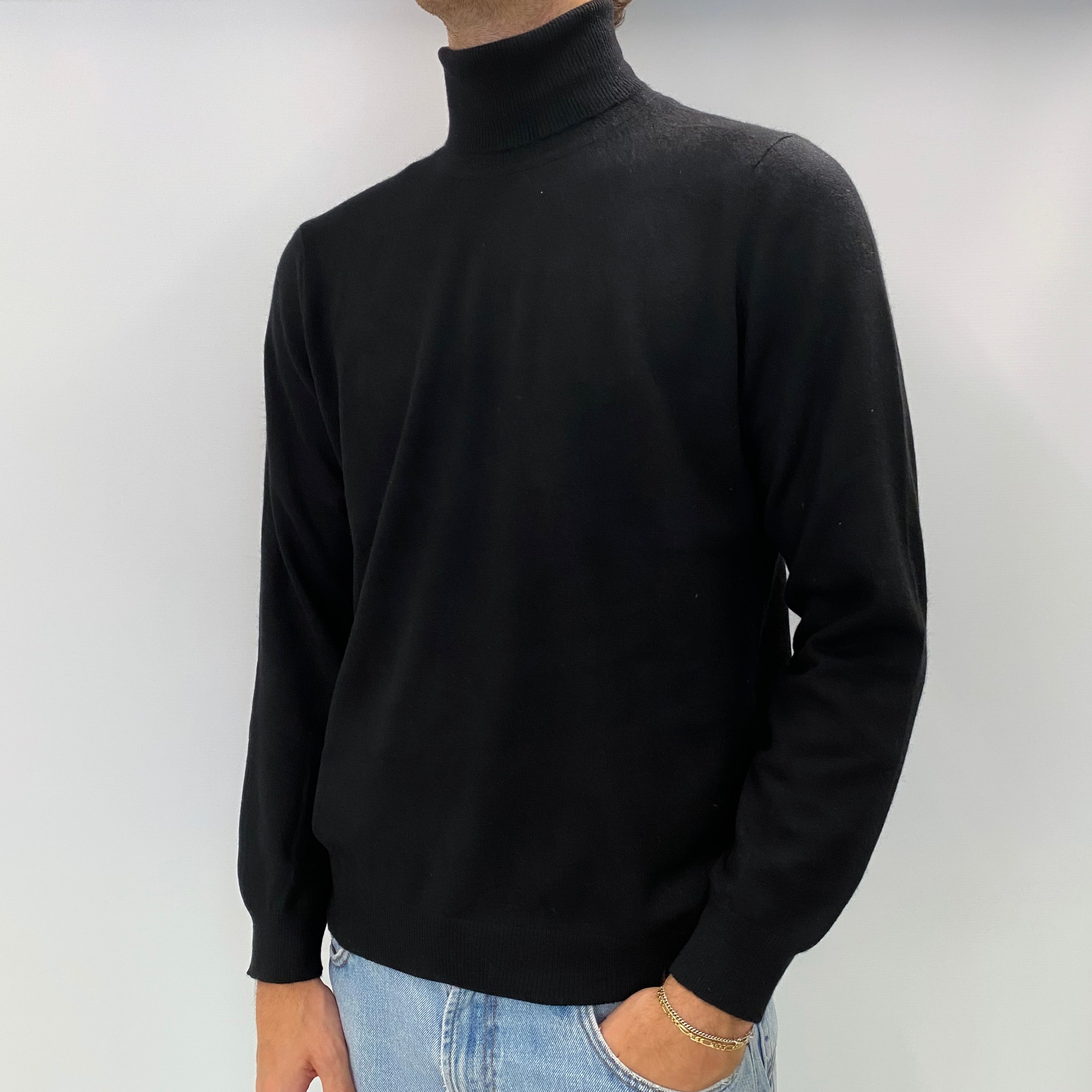 Men's Black Cashmere Polo Neck Jumper Medium