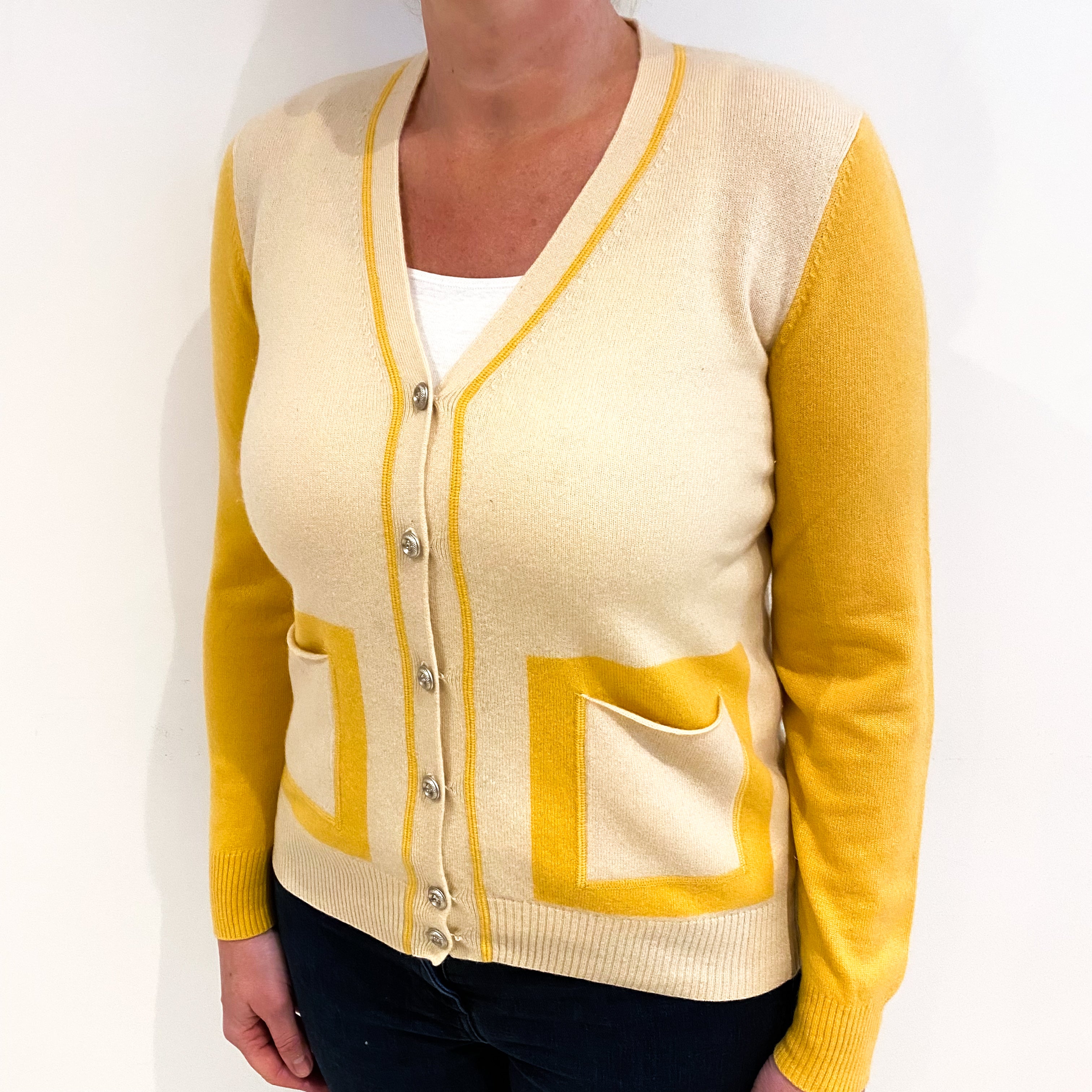 Soft Beige And Marigold Cashmere V Neck Cardigan Large