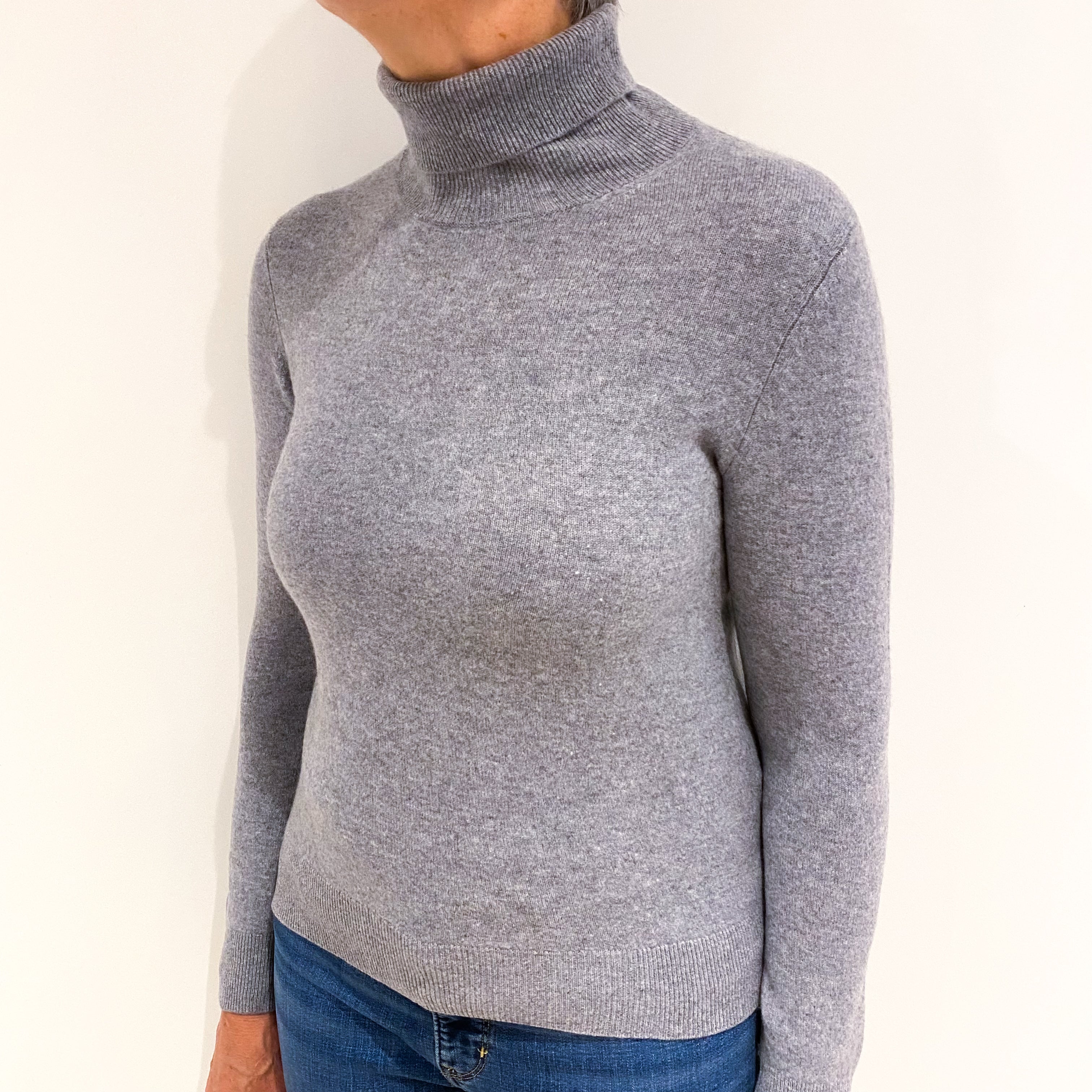 Steel Grey Cashmere Polo Neck Jumper Medium