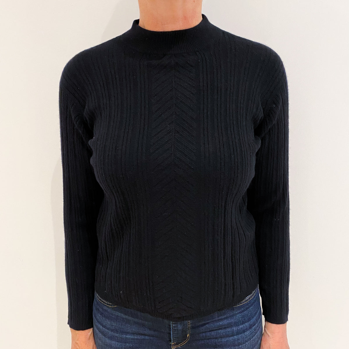 Black Cashmere Textured Knit Turtle Neck Jumper Medium