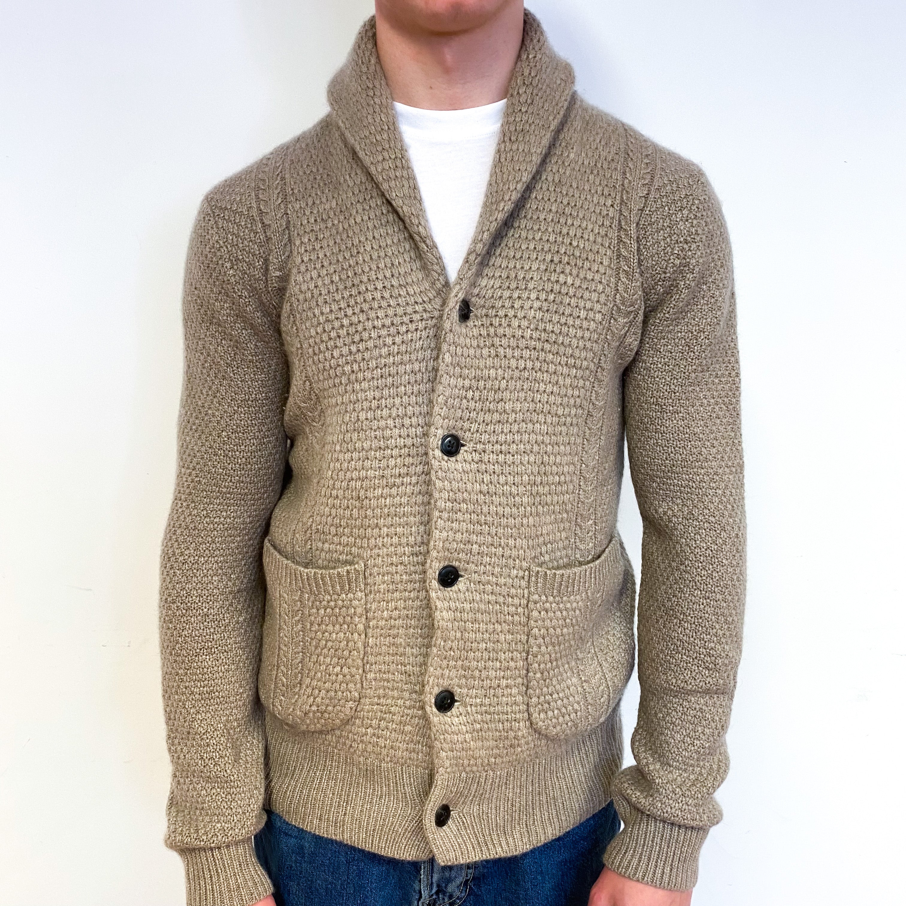 Men's Taupe Brown Chunky Cashmere Shawl Collar Cardigan Extra Small