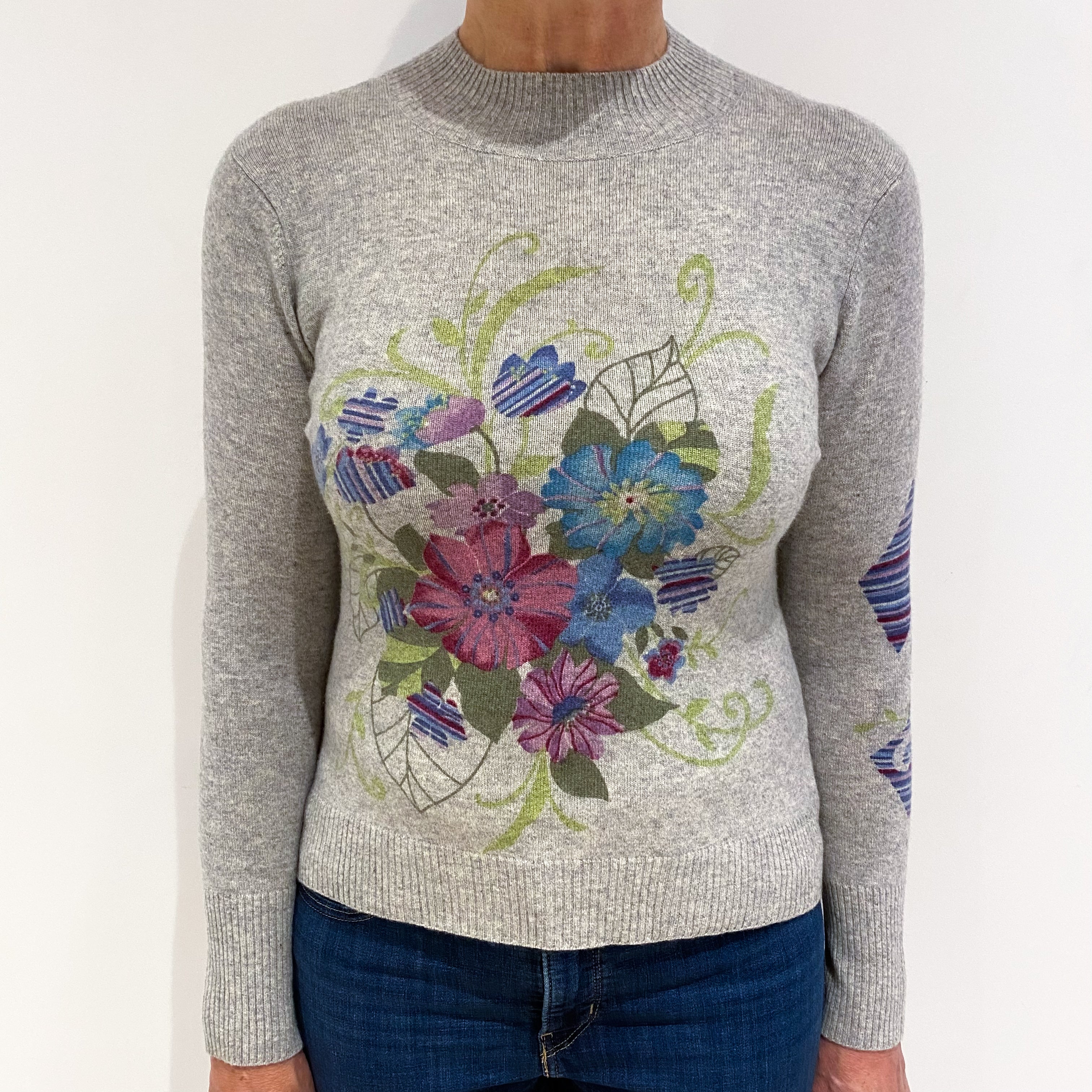 Smoke Grey Flower Cashmere Turtle Neck Jumper Medium