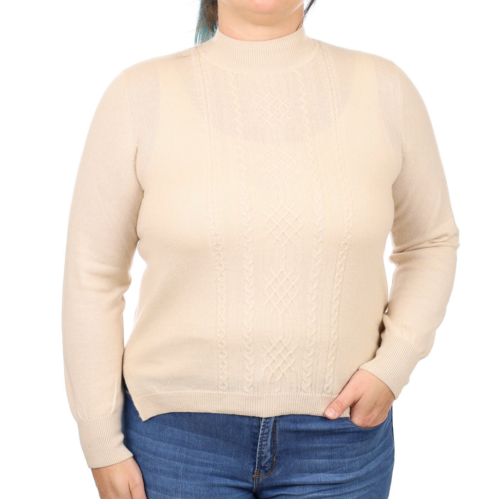 Beige Cable Front Cashmere Turtle Neck Jumper Large