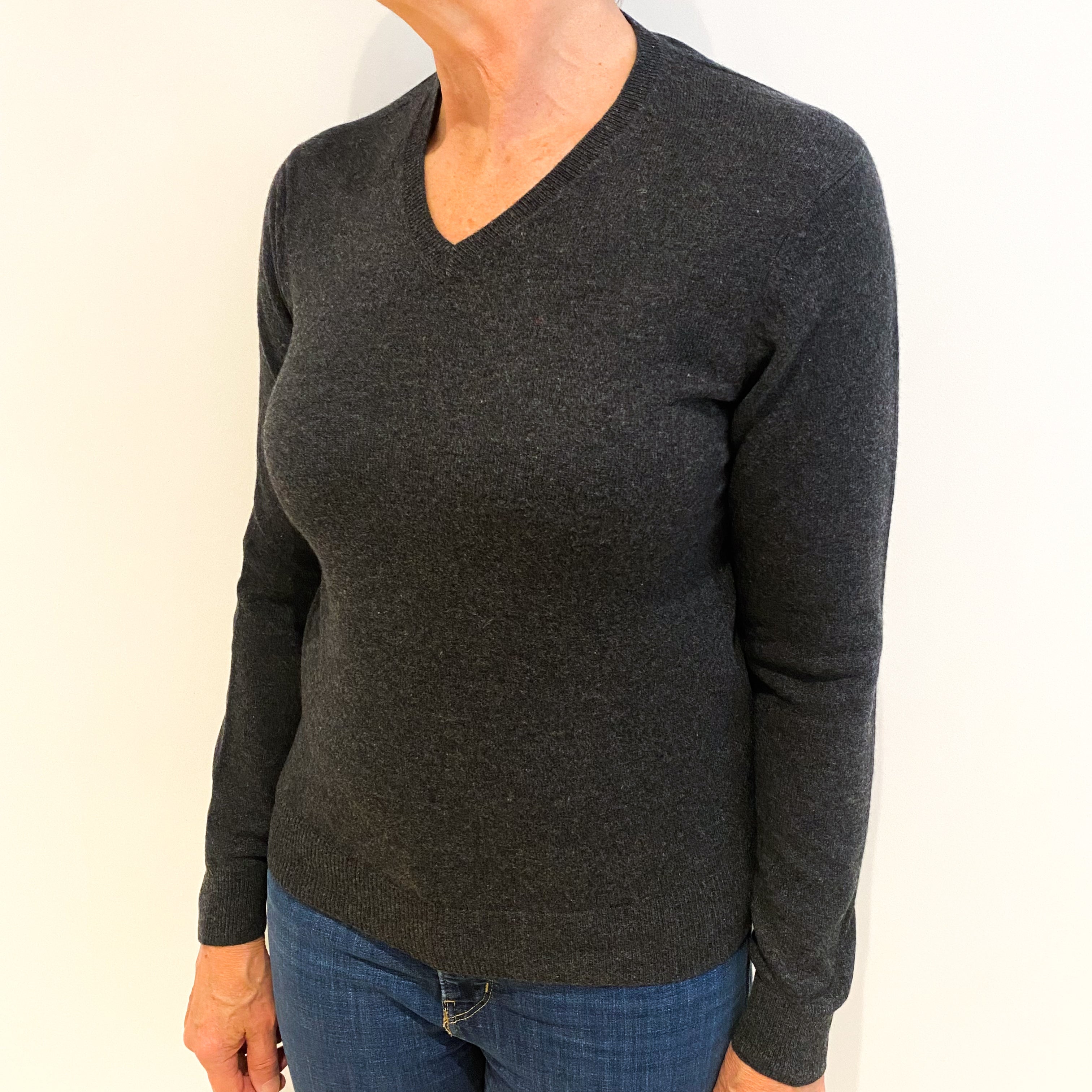 Charcoal Grey Cashmere V Neck Jumper Medium