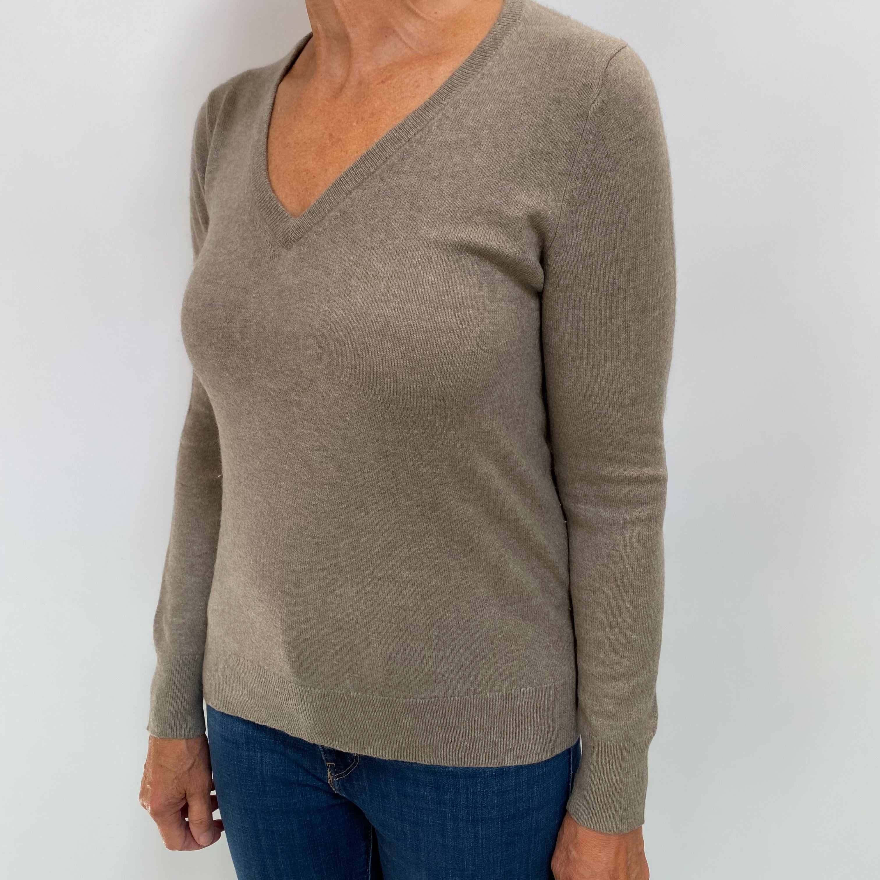 Biscuit Brown Cashmere V Neck Jumper Medium