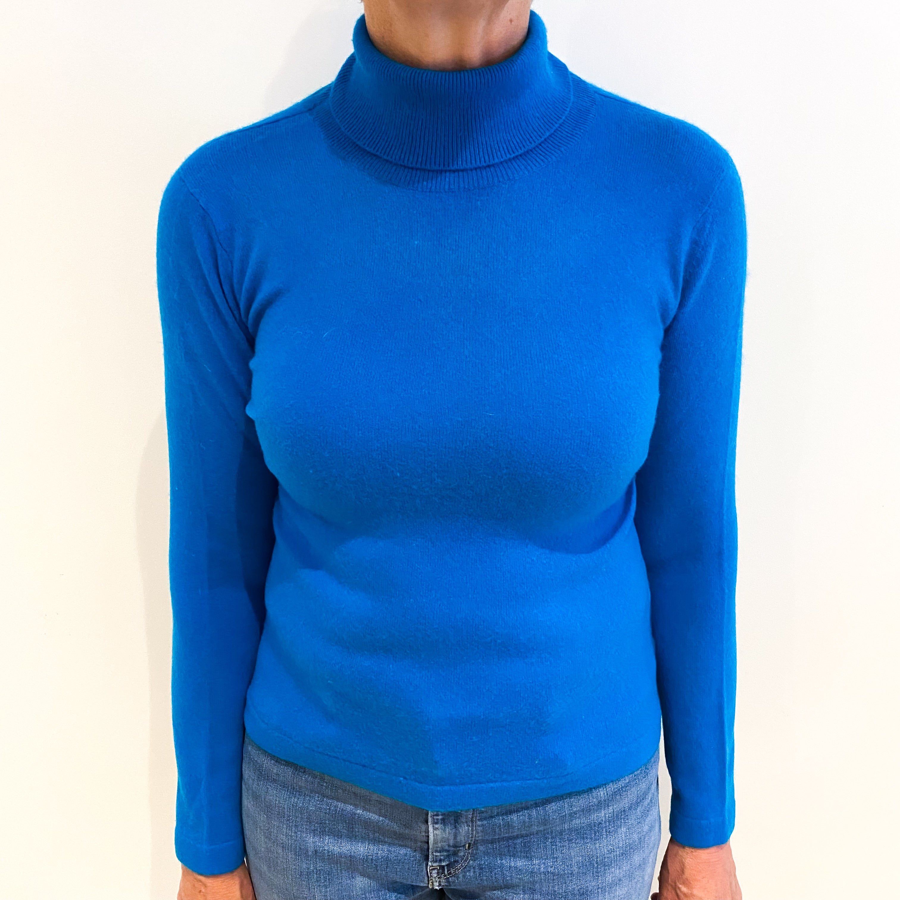 Deep Turquoise Blue Cashmere Polo Neck Jumper Medium