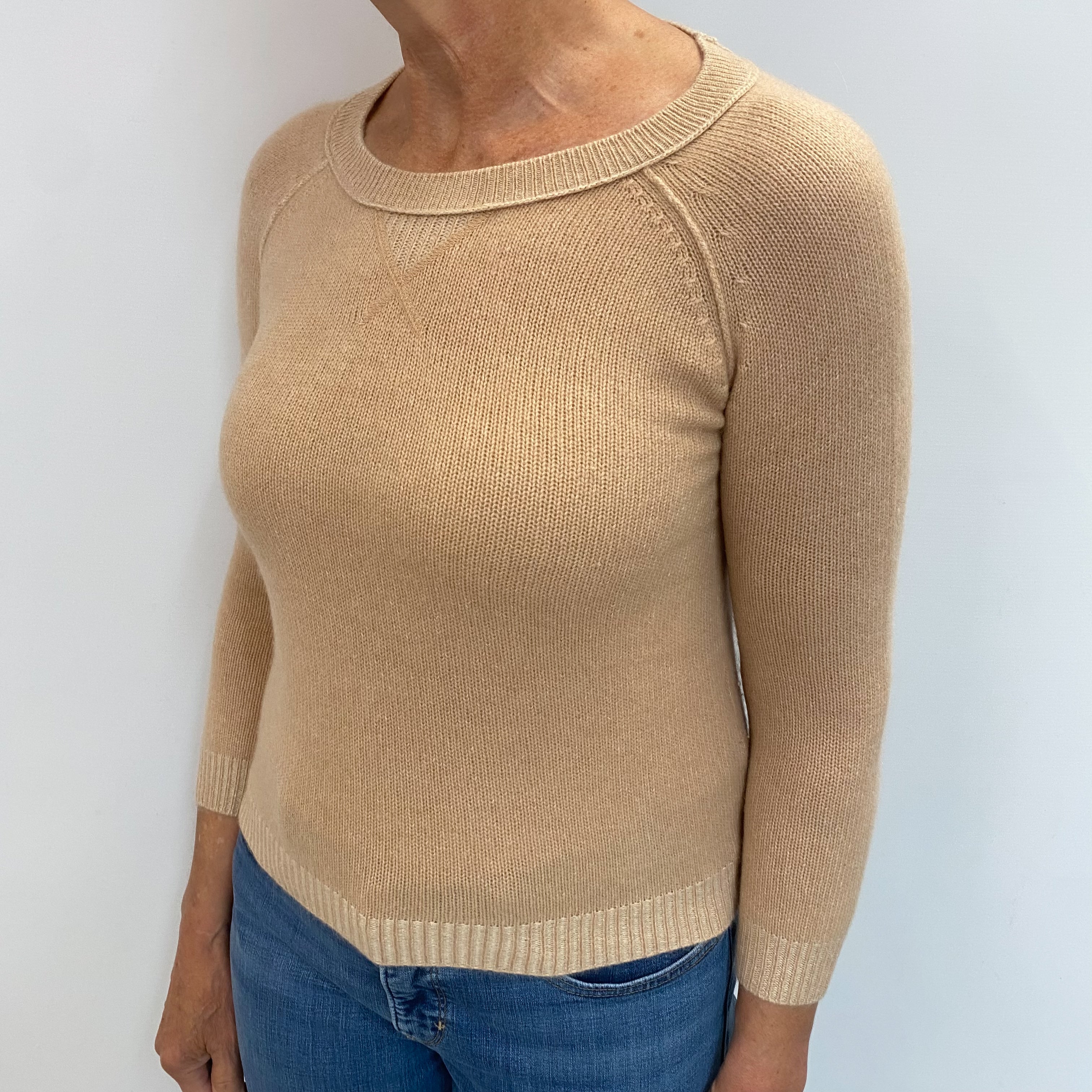 Camel Brown Cashmere Crew Neck Jumper Medium