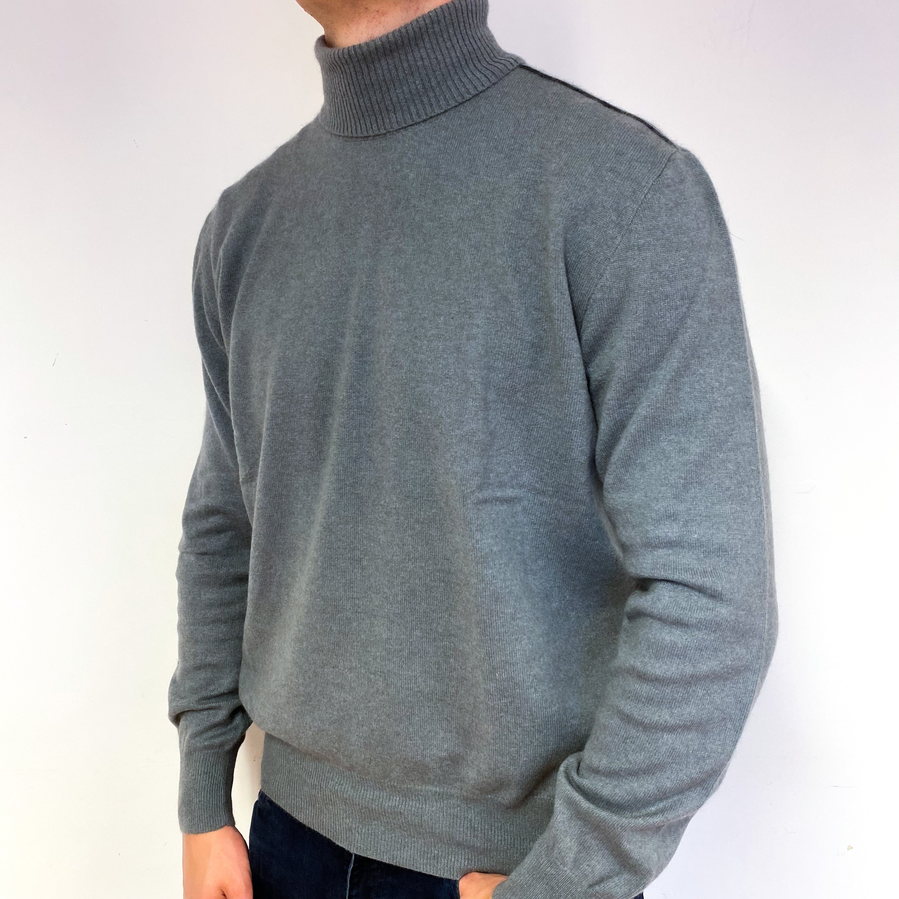 Men's John Varvatos Sage Grey Cashmere Polo Neck Jumper XXL