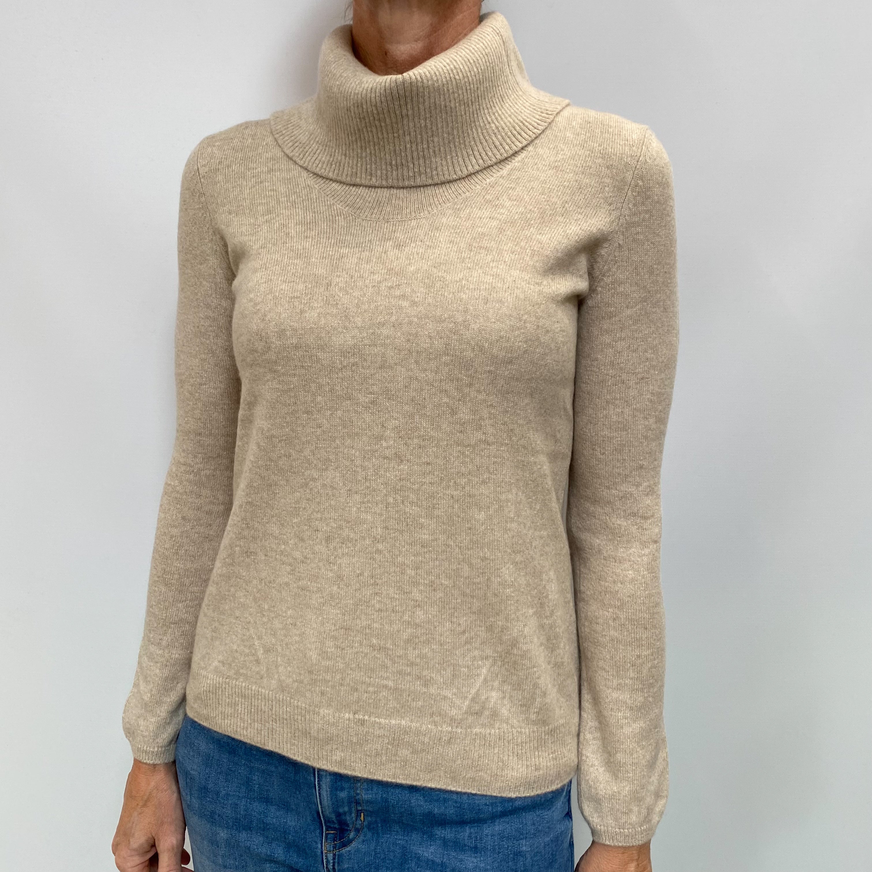 Oatmeal Beige Cashmere Polo Neck Jumper Small