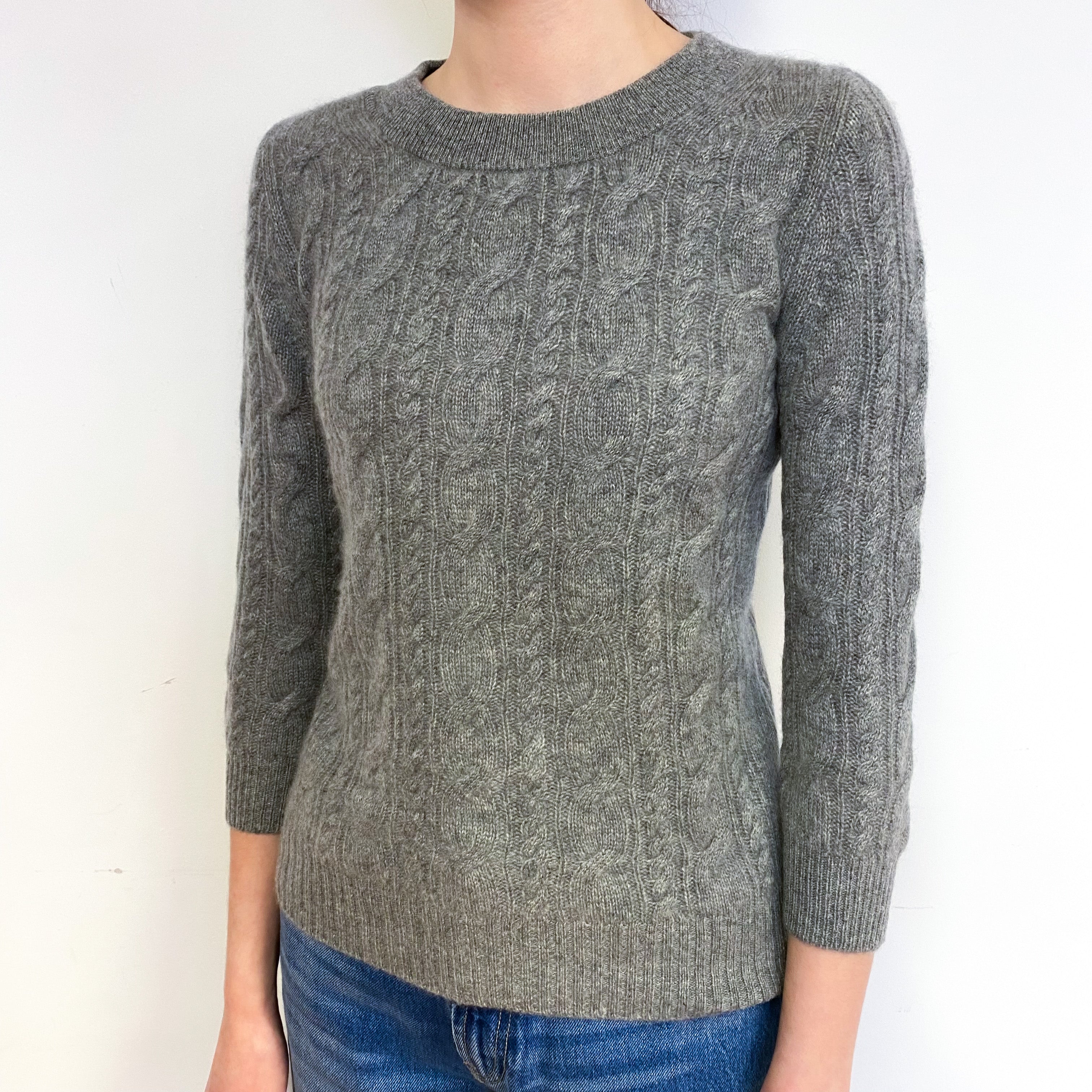 Ash Grey Cable Cashmere Crew Neck Jumper Extra Small