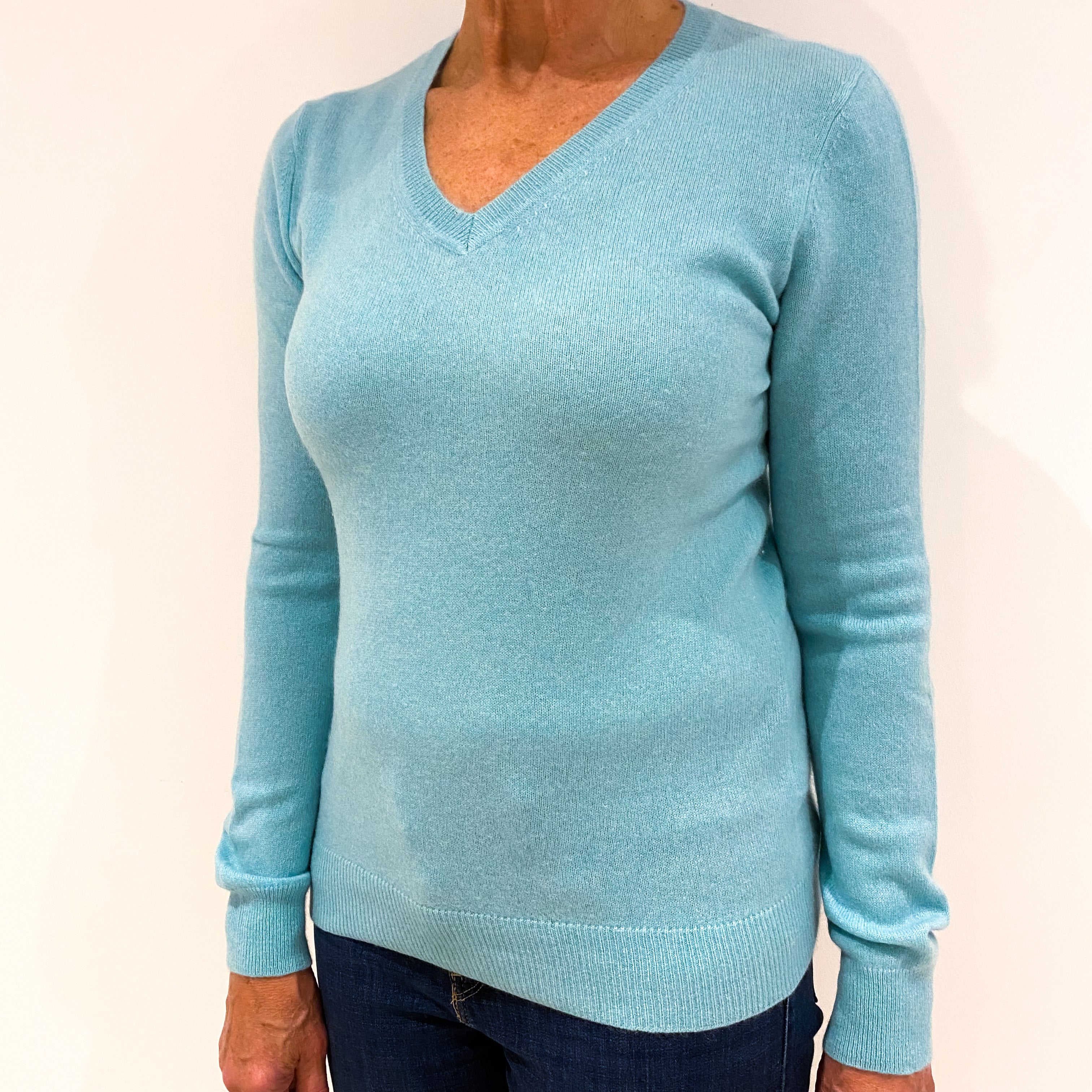 Aqua Blue Cashmere V-Neck Jumper Medium