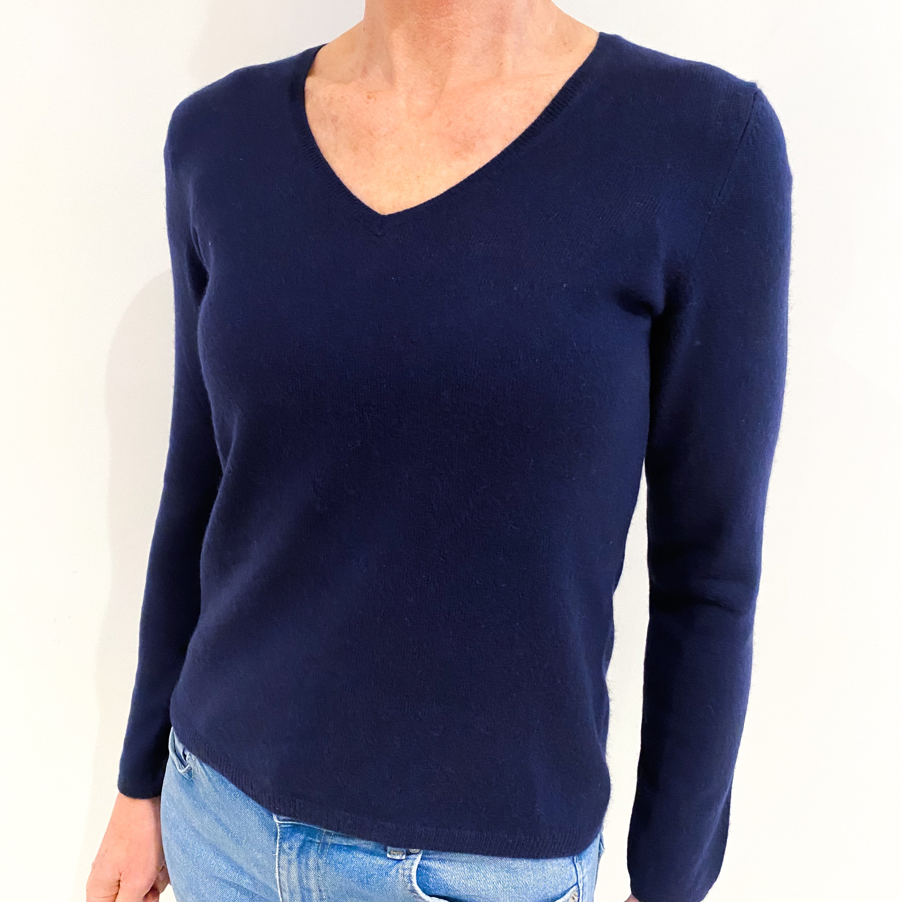 Navy Blue Cashmere V Neck Jumper Small