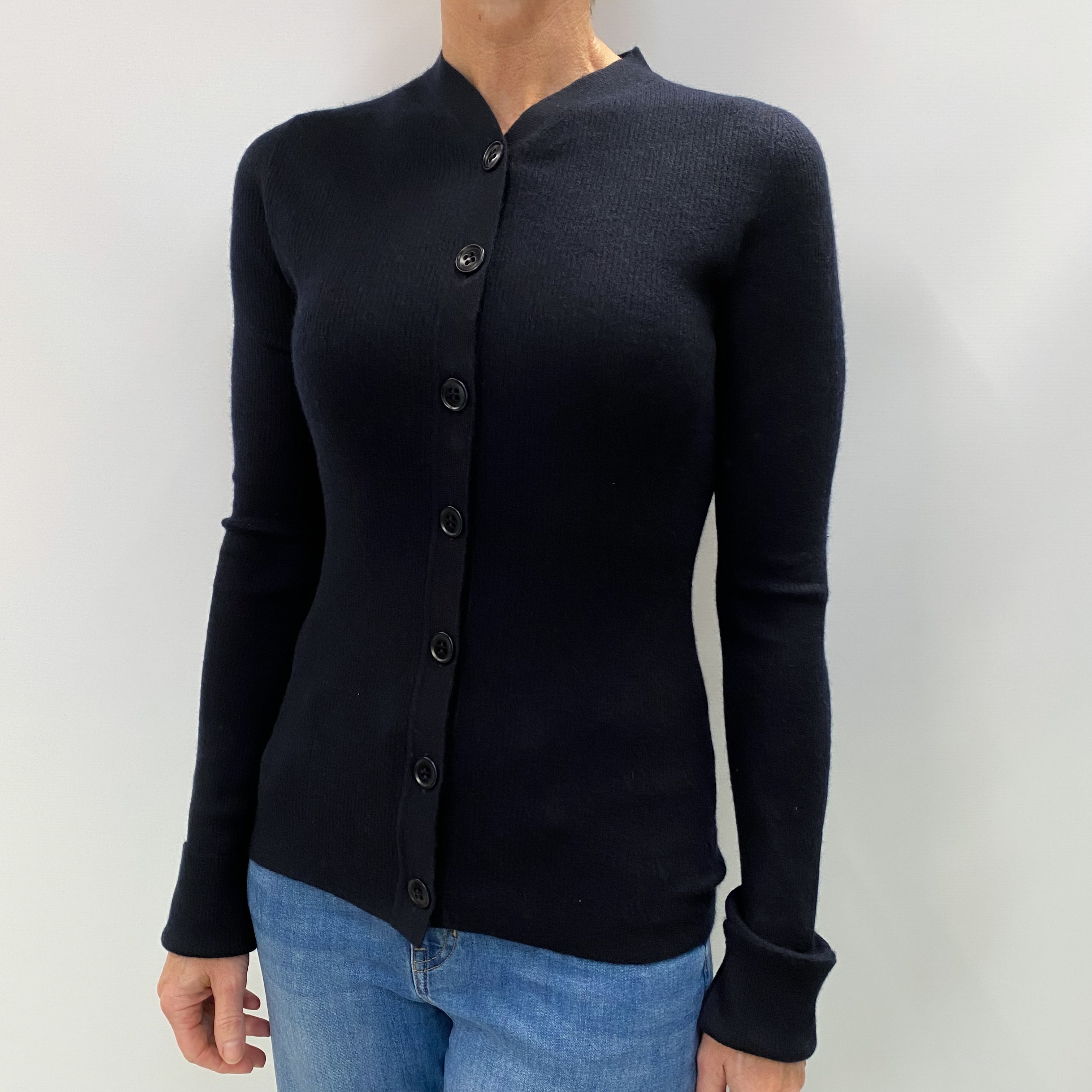 Navy Blue Cashmere High V Neck Cardigan Small