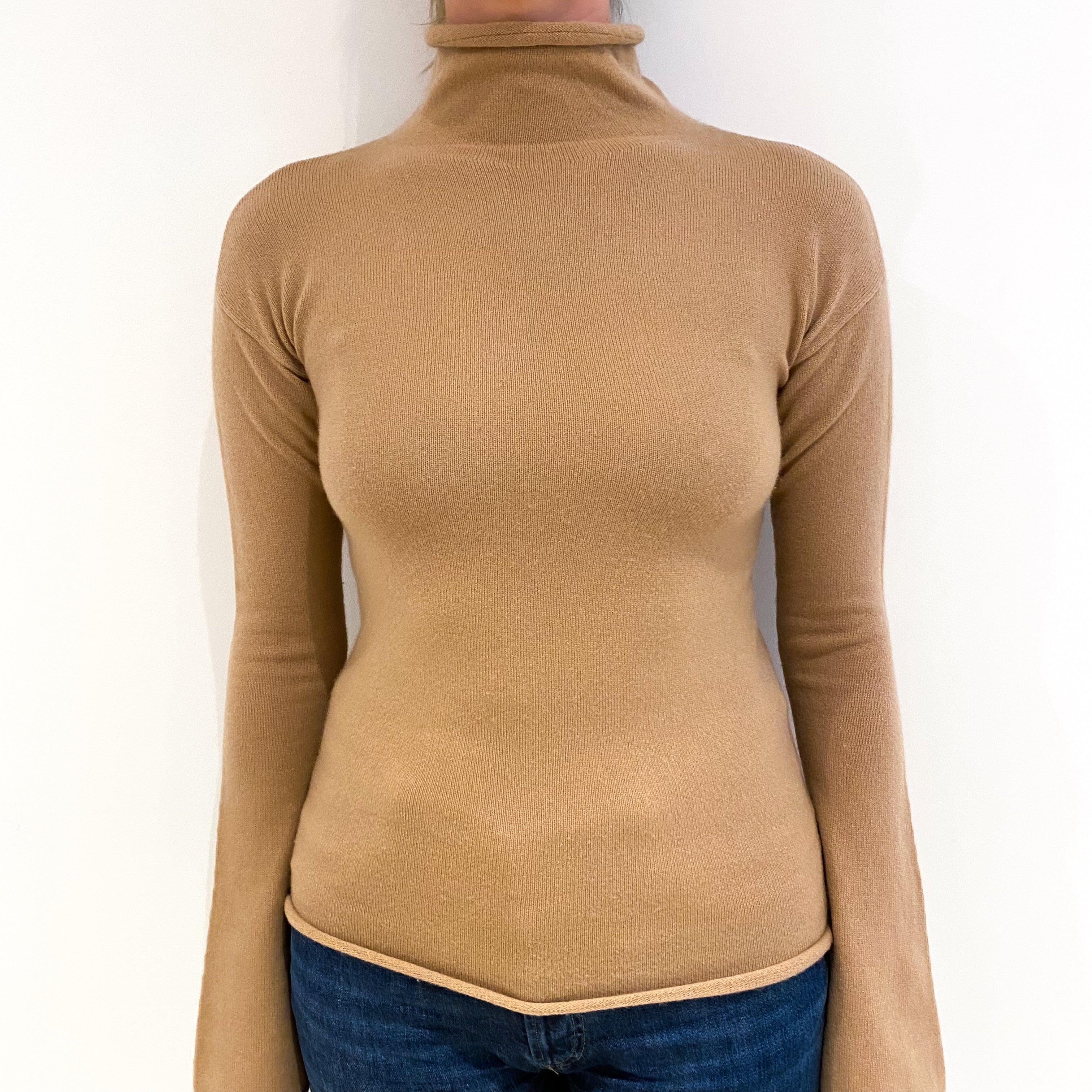 Caramel Brown Cashmere Funnel Neck Jumper Small