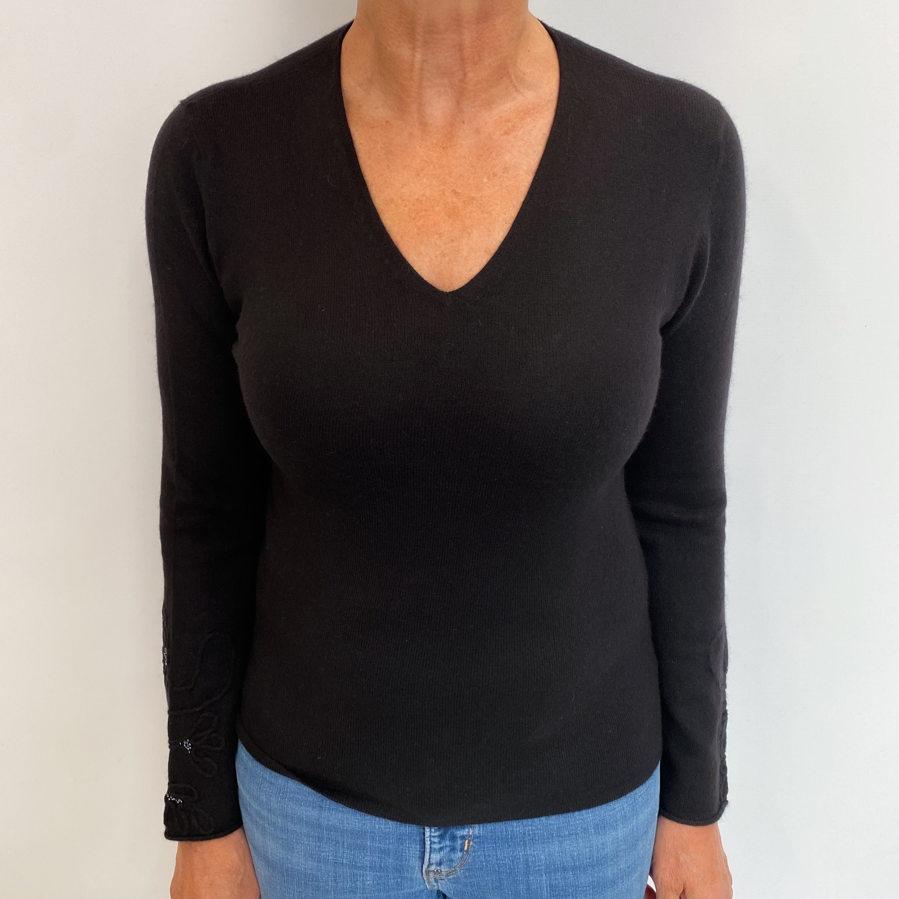 Scottish Black Cashmere V Neck Jumper Medium