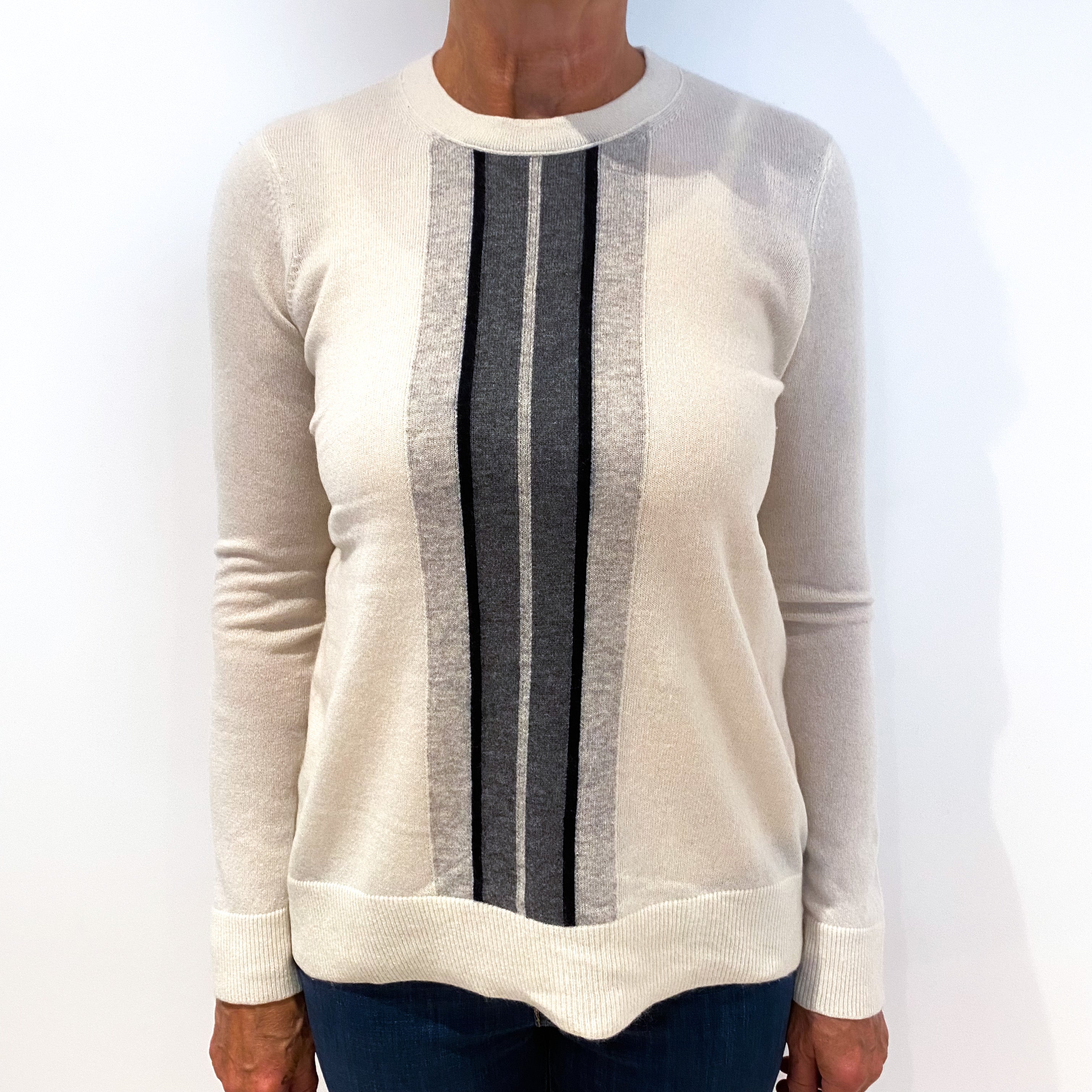 Vince Cream with Vertical Grey Stripe Cashmere Crew Neck Jumper Medium