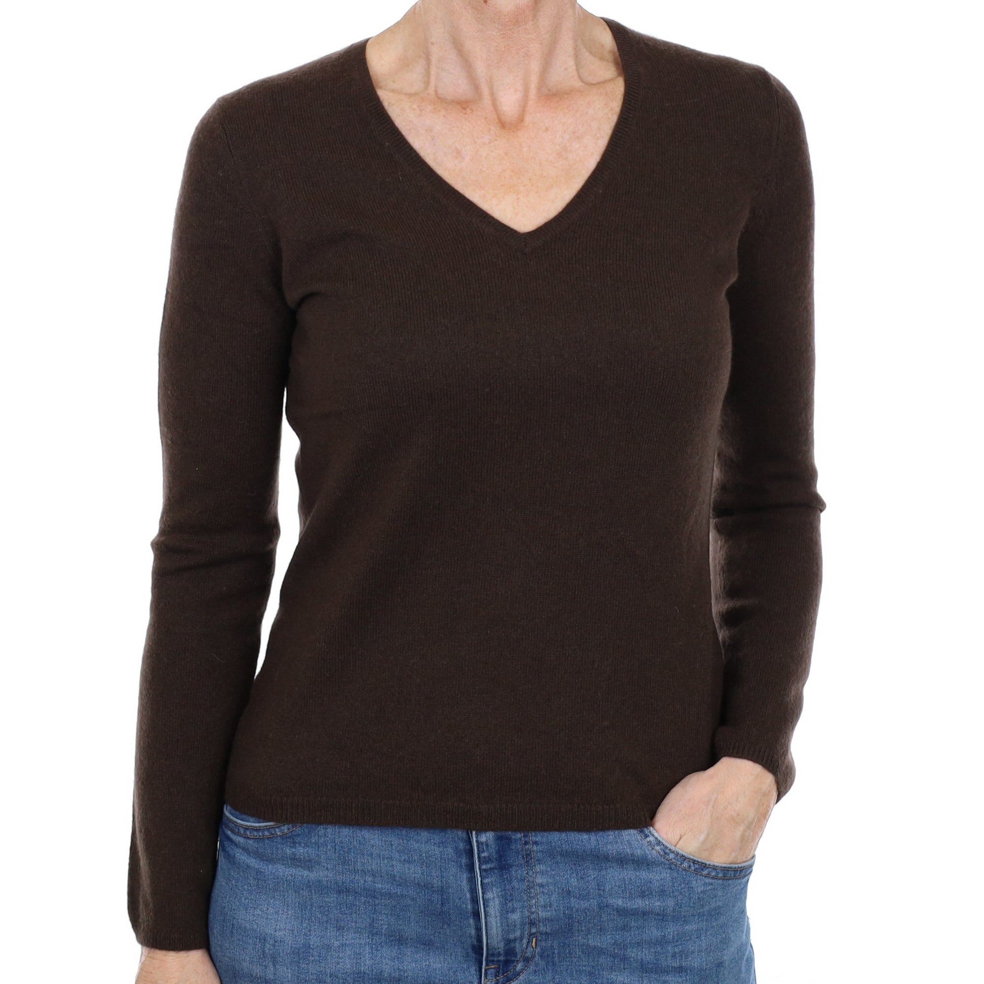 Dark Chocolate Brown Cashmere V Neck Jumper Small