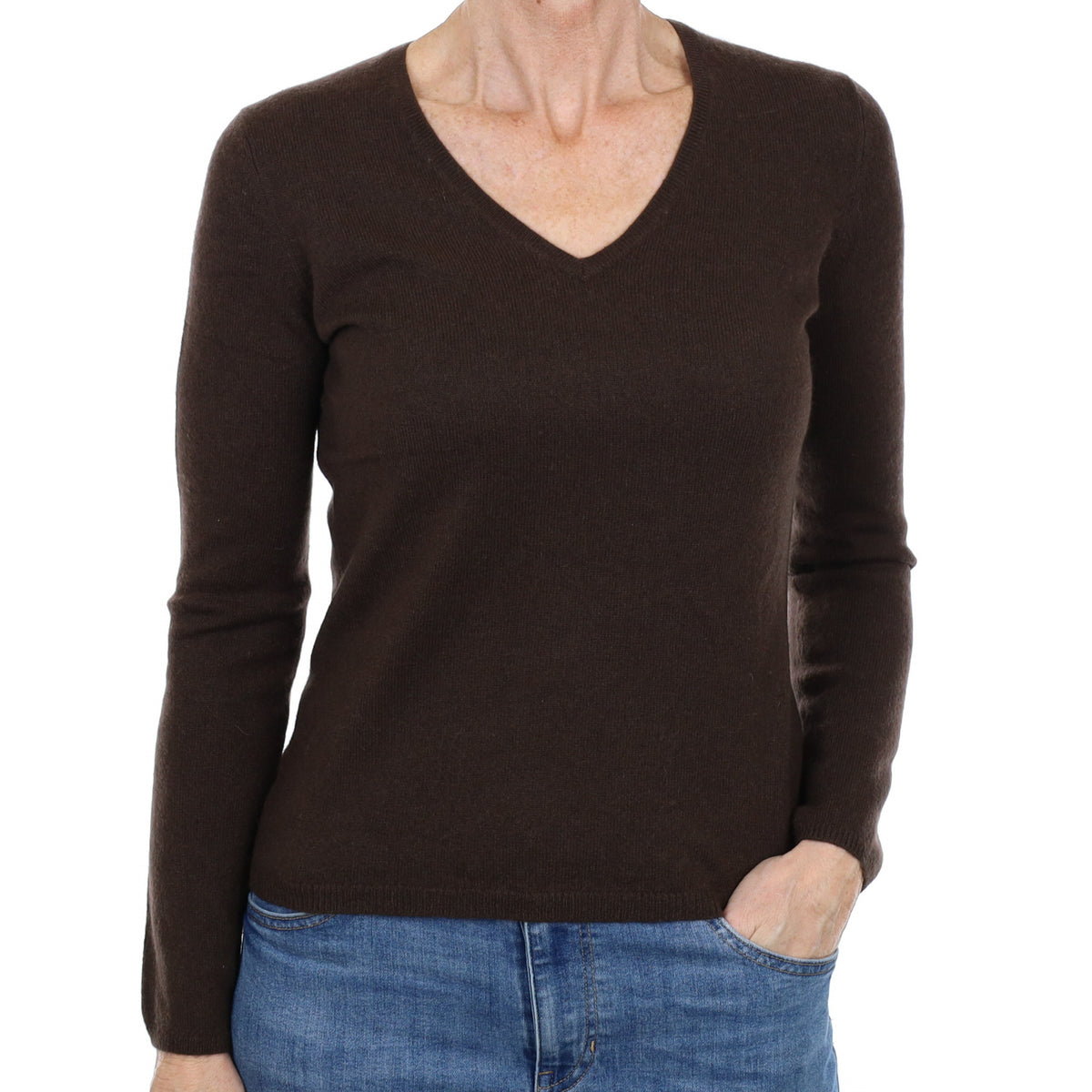 Dark Chocolate Brown Cashmere V Neck Jumper Small