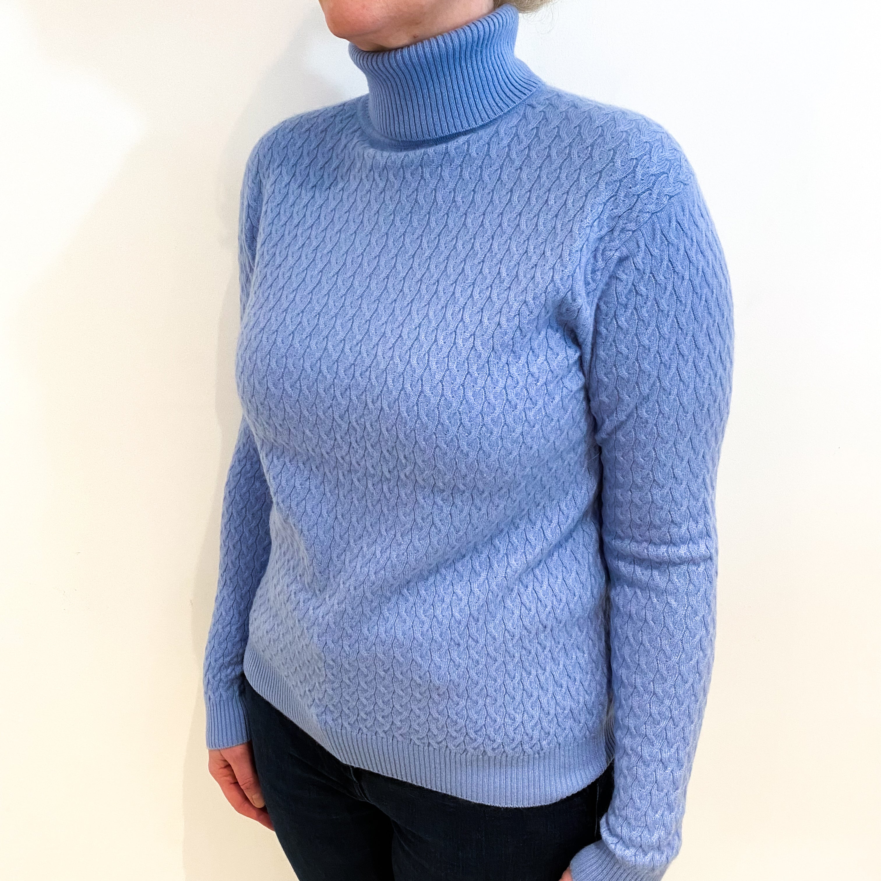 Sky Blue Cable Cashmere Polo Neck Jumper Large