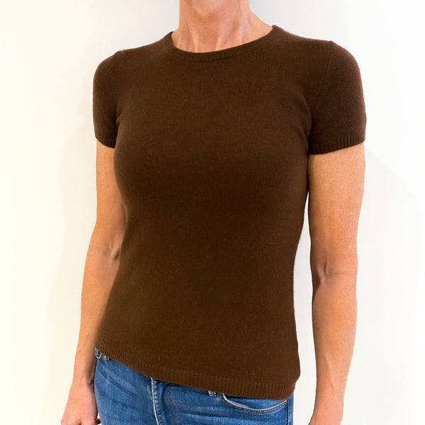 Chocolate Brown Short Sleeved Cashmere Crew Neck Jumper Small