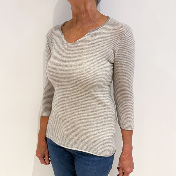 Mist Grey Stripe Cashmere V-Neck Jumper Medium