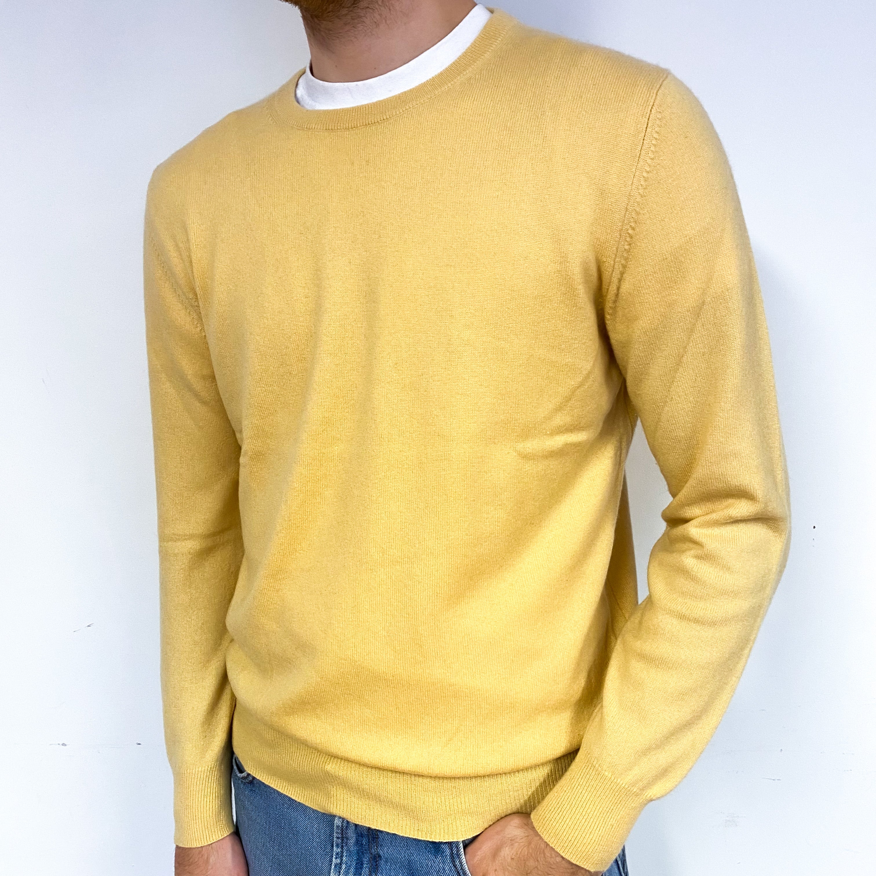 Men's Mustard Yellow Cashmere Crew Neck Jumper Large