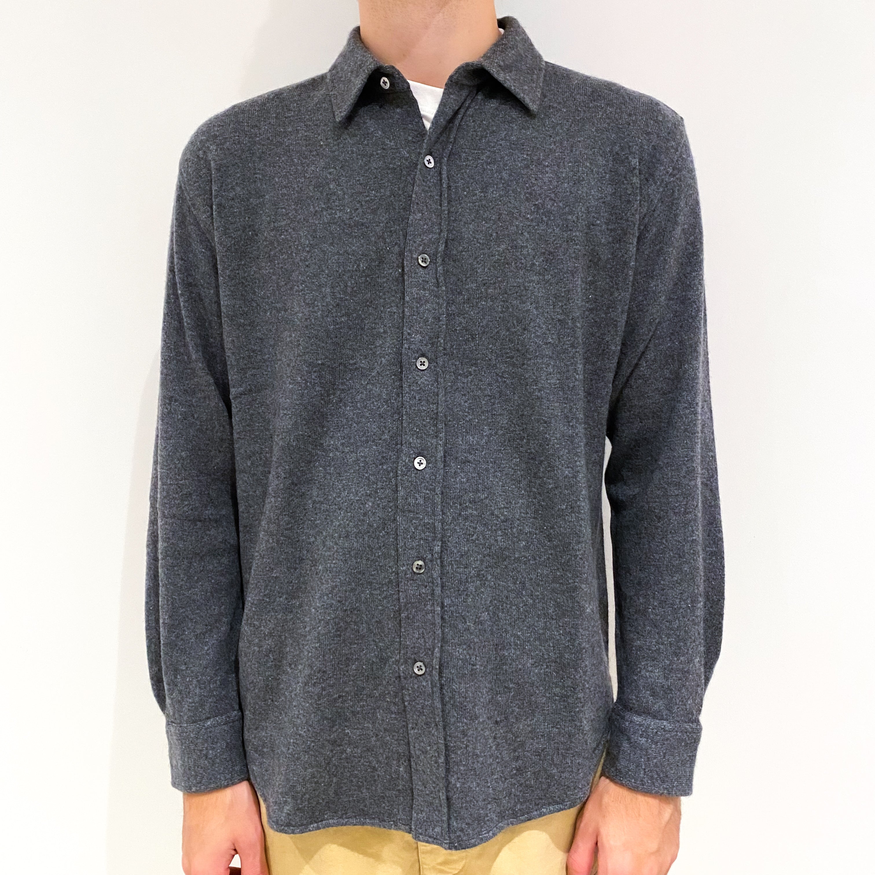 Men's Slate Grey Cashmere Shirt Style Jumper Large