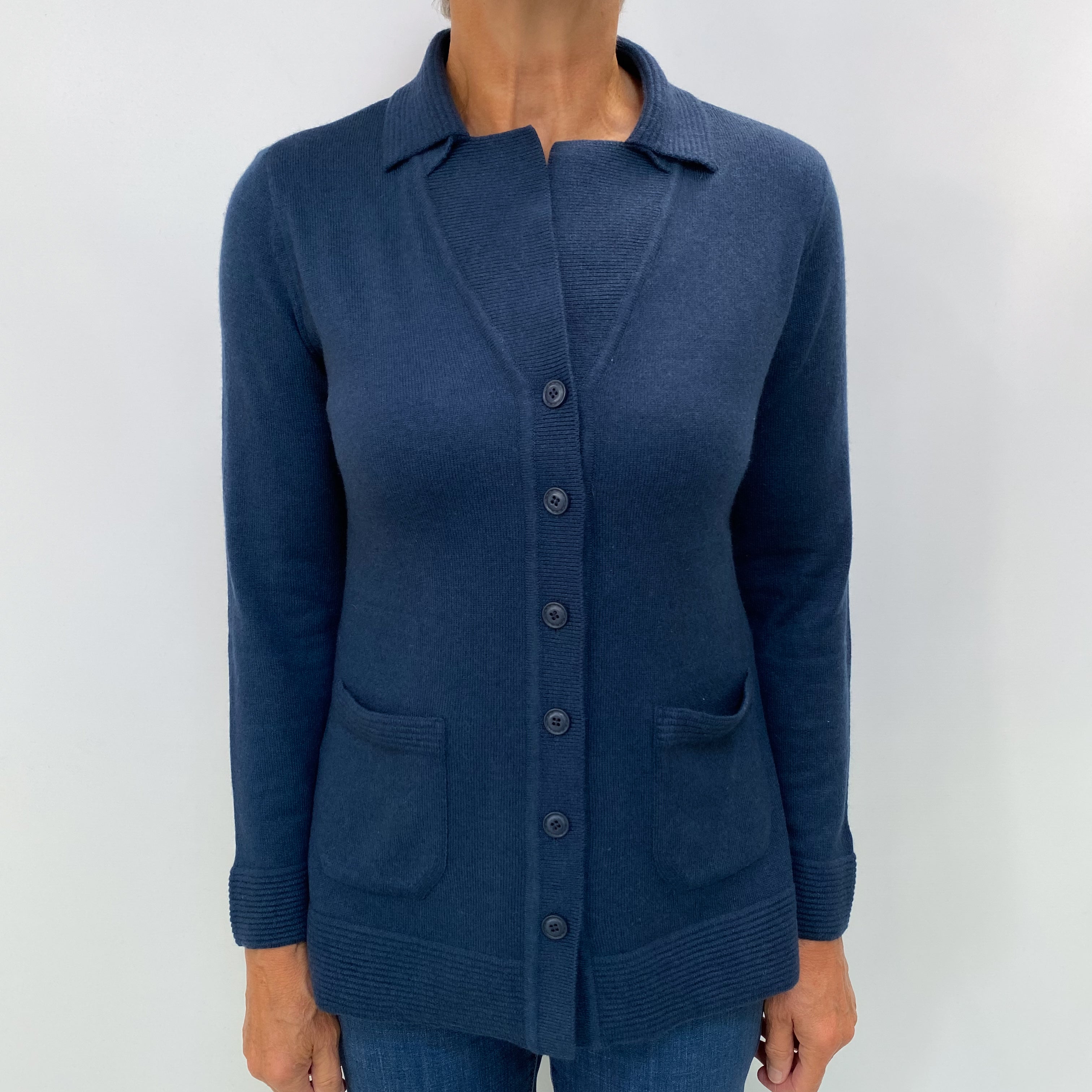 Naval Blue Cashmere Collared V Neck Cardigan Medium