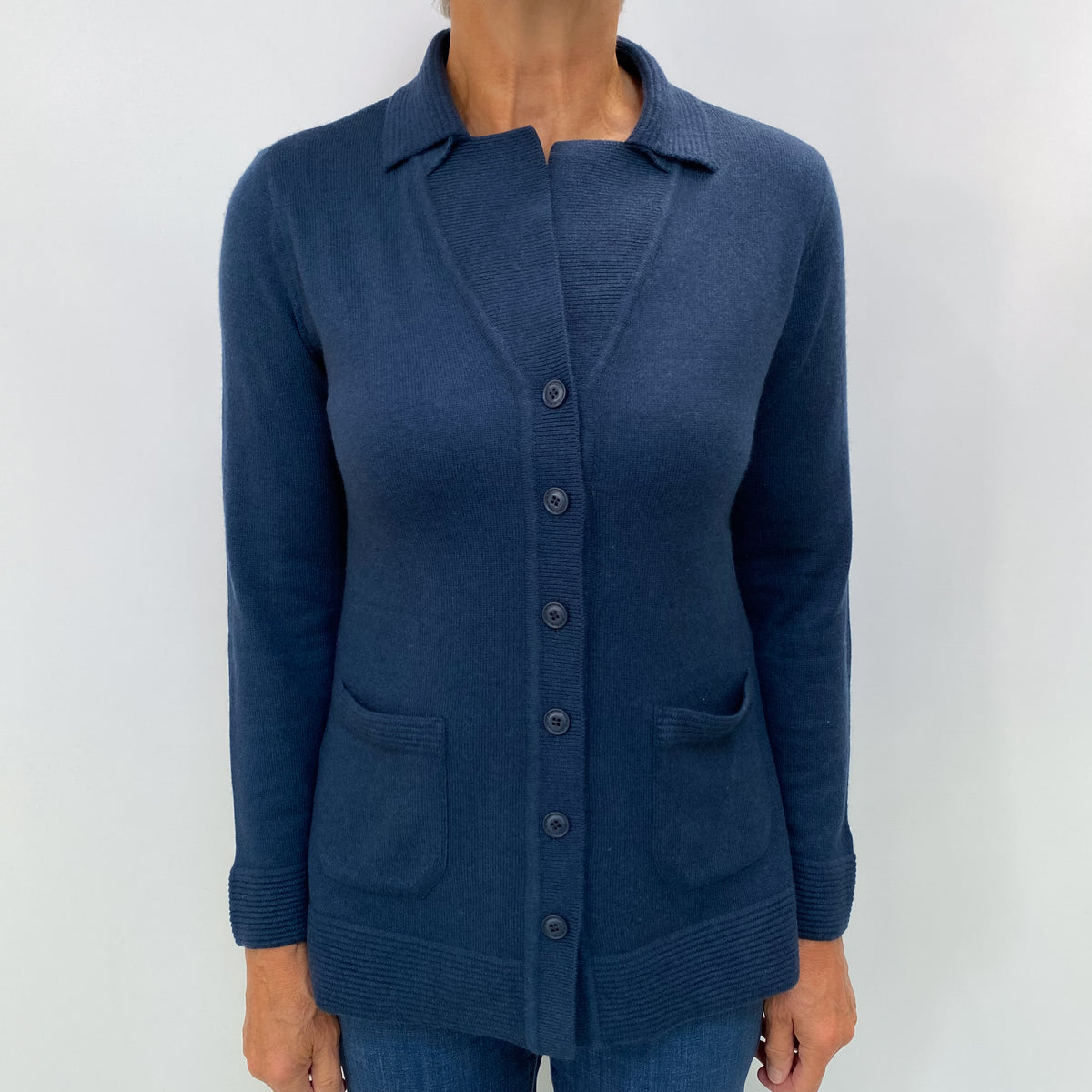 Naval Blue Cashmere Collared V Neck Cardigan Medium
