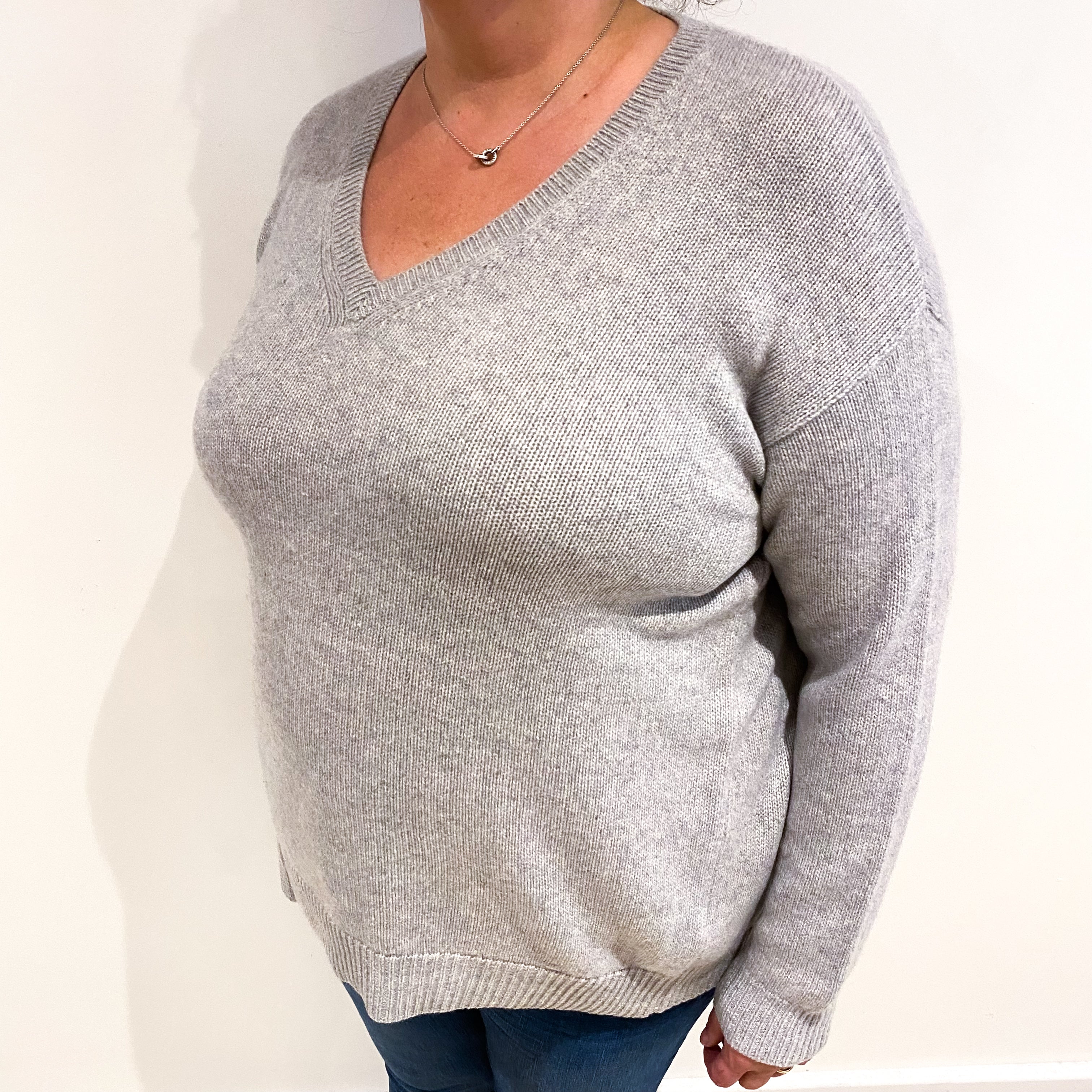 Mist Grey Chunky Cashmere V Neck Jumper Extra Large
