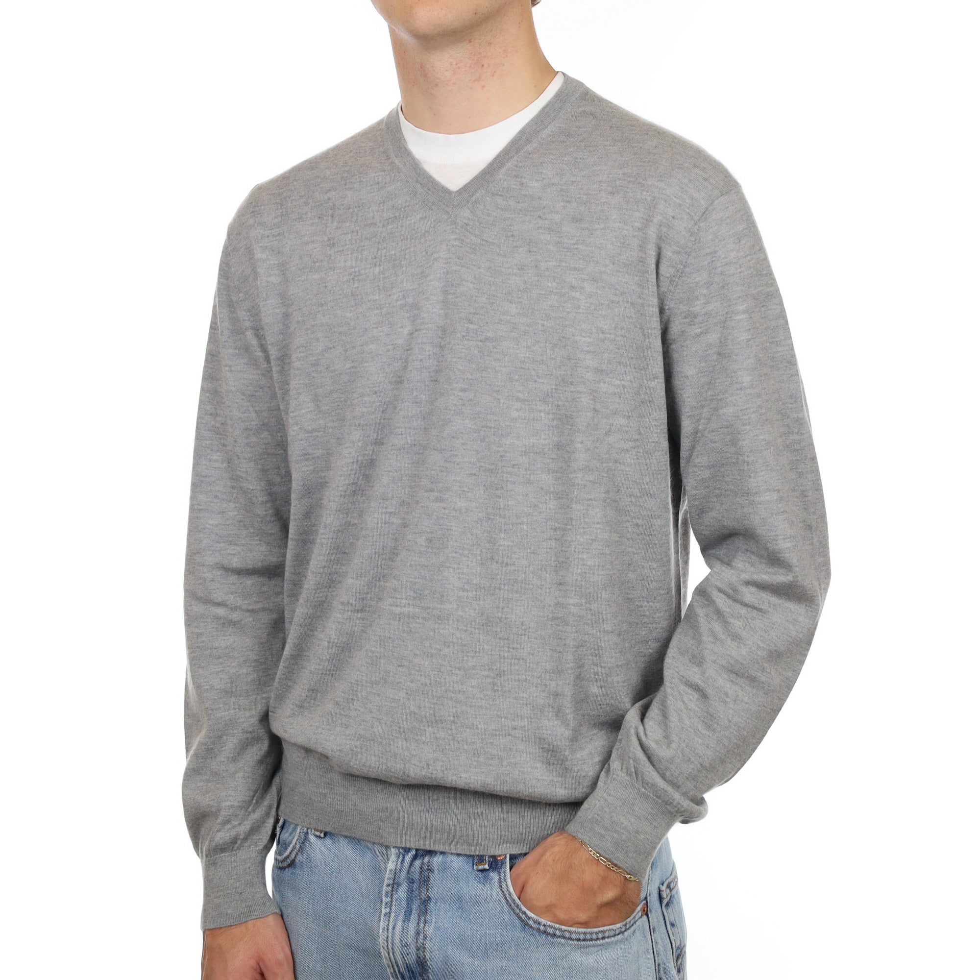 Men's Ash Grey Cashmere V Neck Jumper Medium