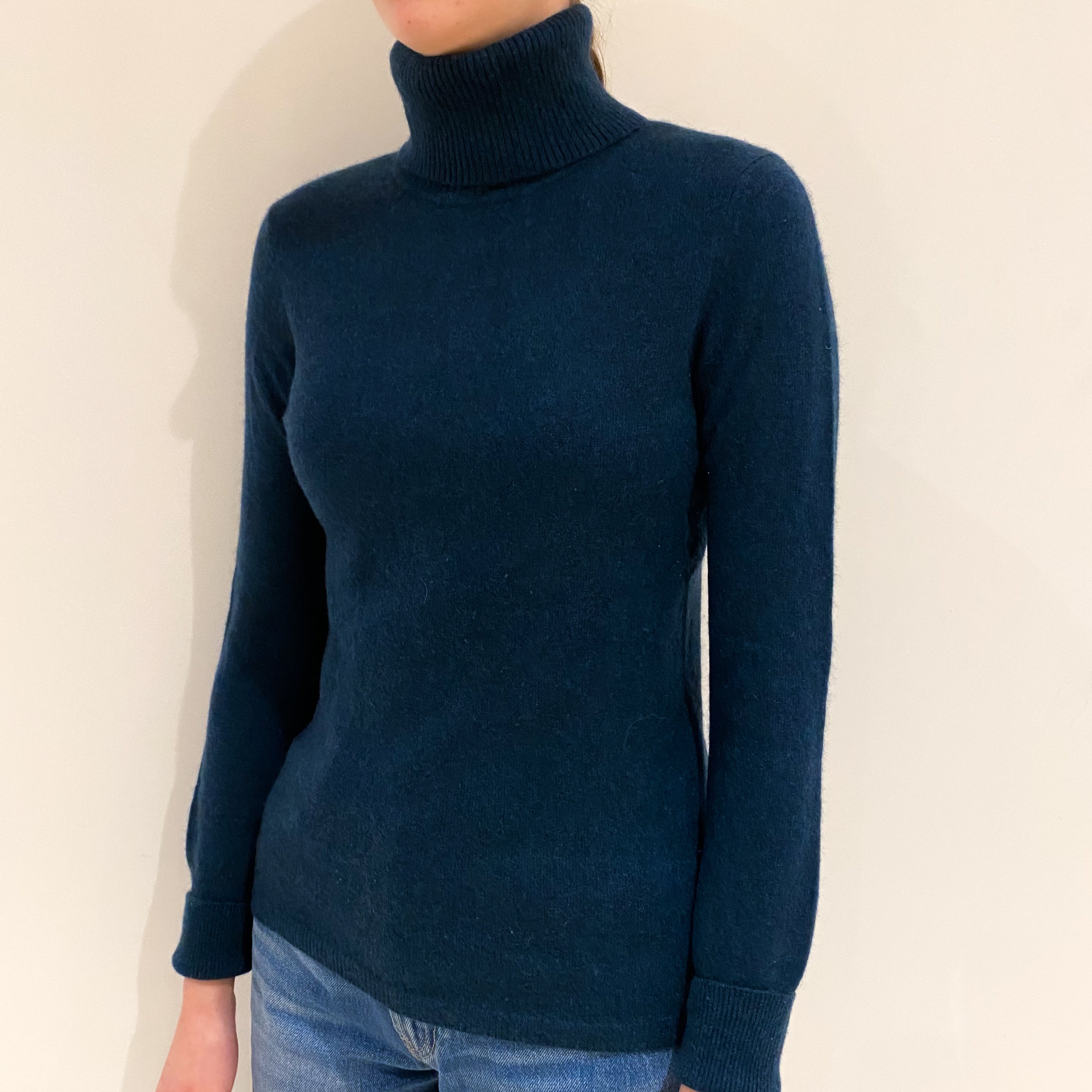 Dark Petrol Blue Cashmere Polo Neck Jumper Extra Small