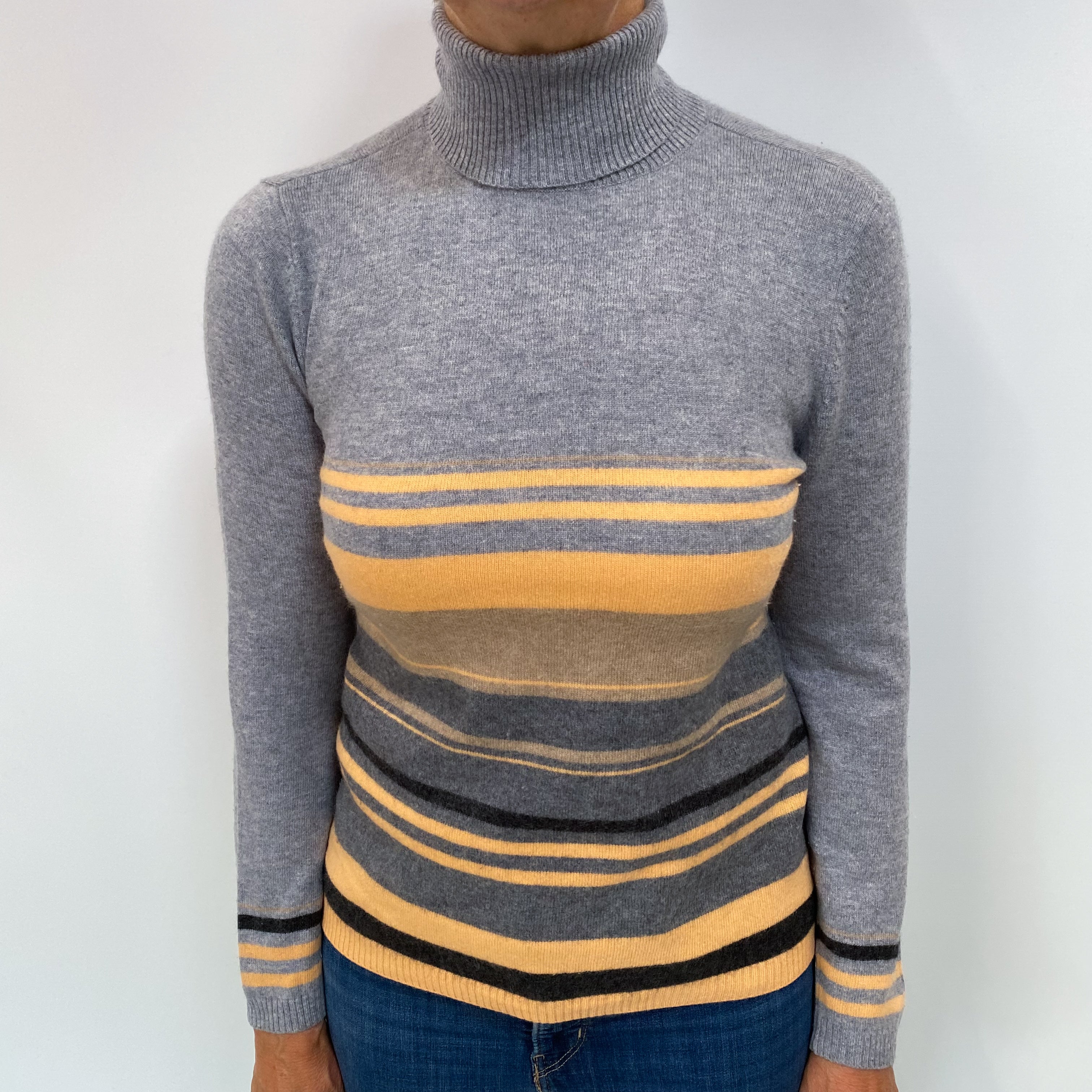 Smoke Grey and Orange Striped Cashmere Polo Neck Jumper Medium