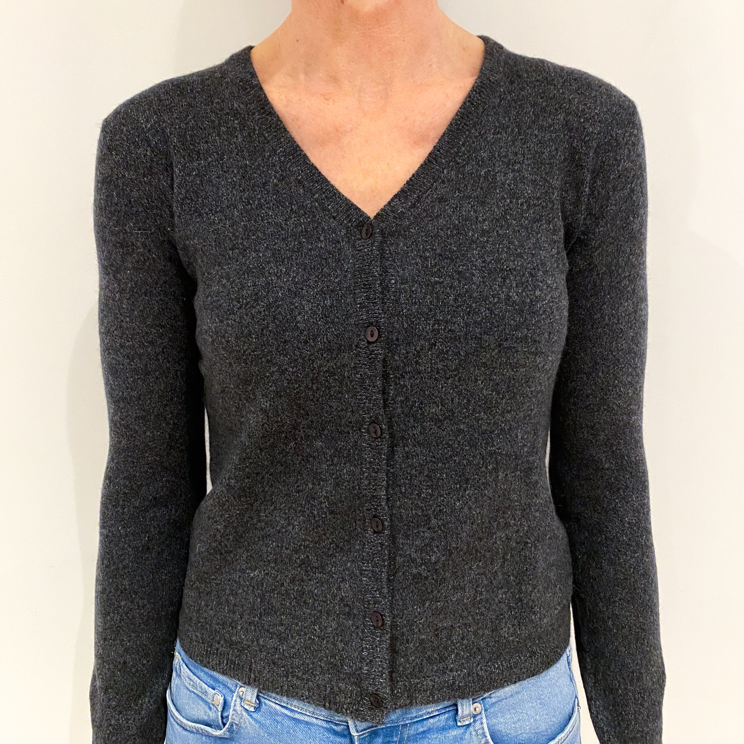 Charcoal Grey Marl Knit Cashmere V Neck Cardigan Small