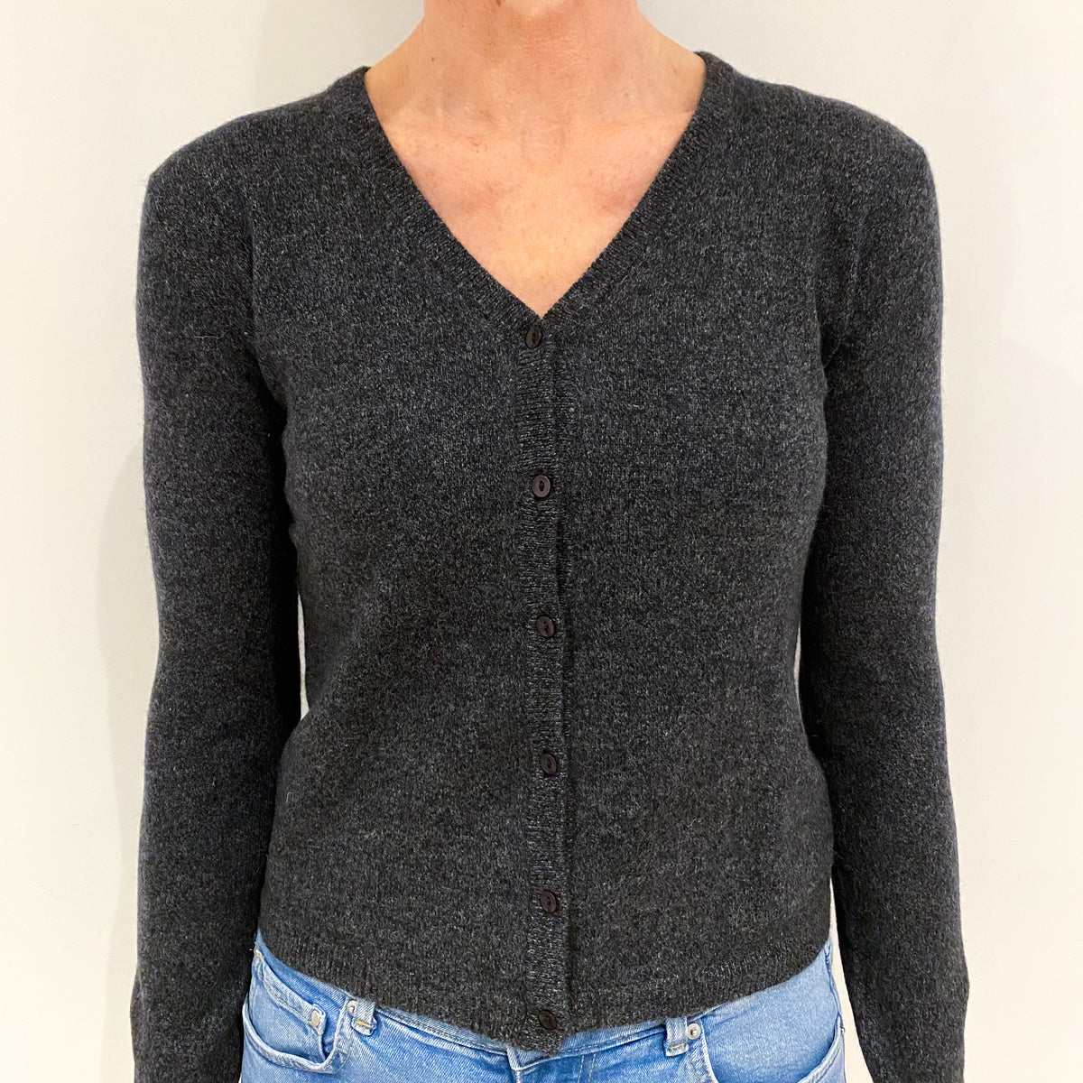 Charcoal Grey Marl Knit Cashmere V Neck Cardigan Small