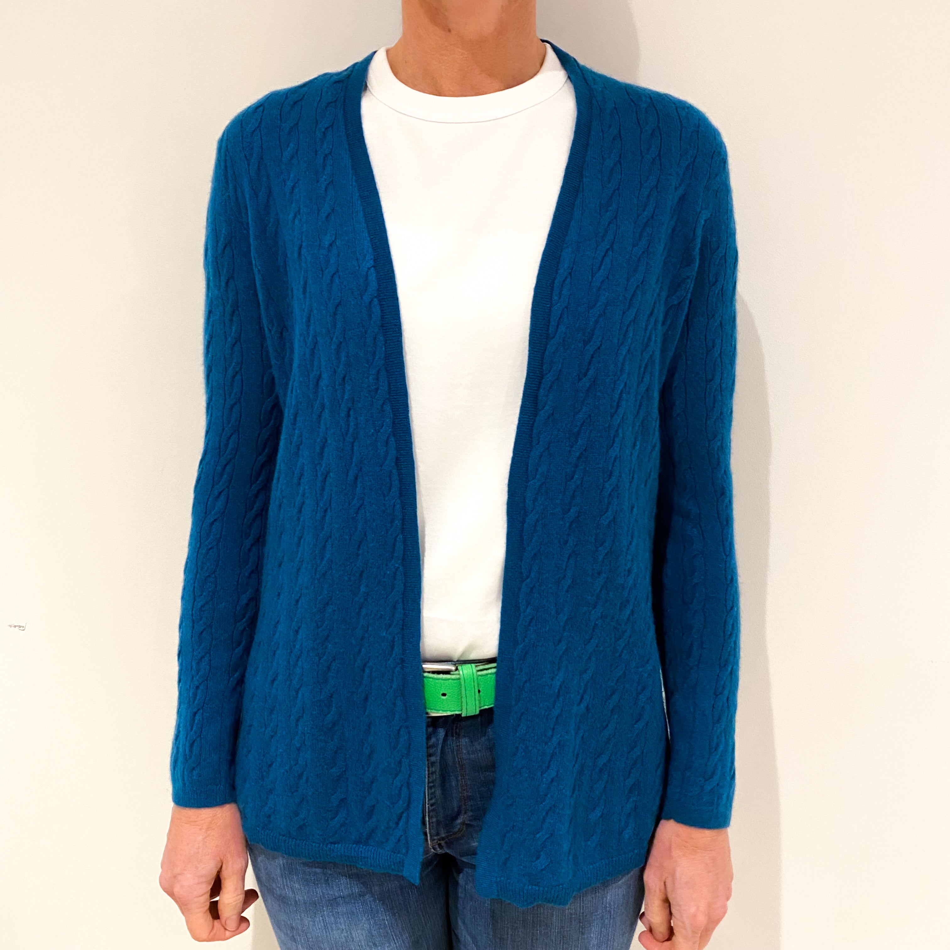 Teal Blue Cable Knit Cashmere Edge To Edge Cardigan Small