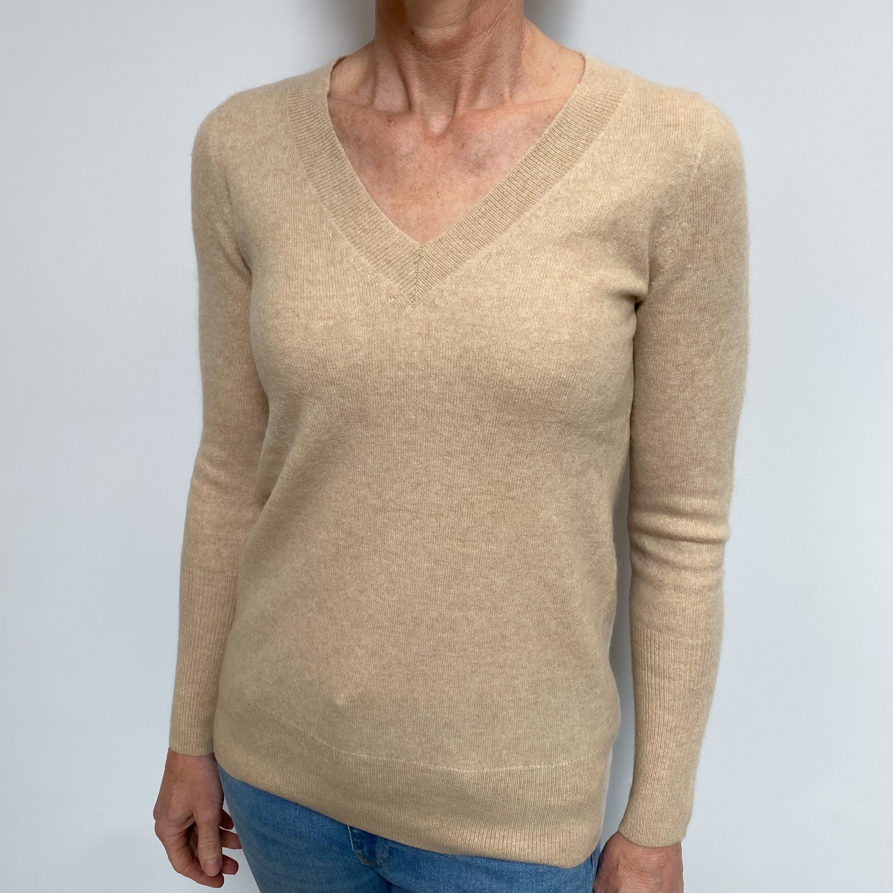 Beige Cashmere V Neck Jumper Small