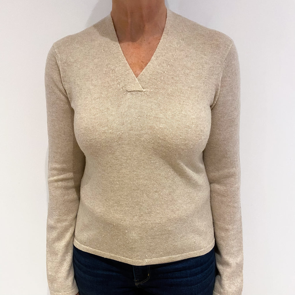 Fawn Beige Cashmere V Neck Jumper Medium