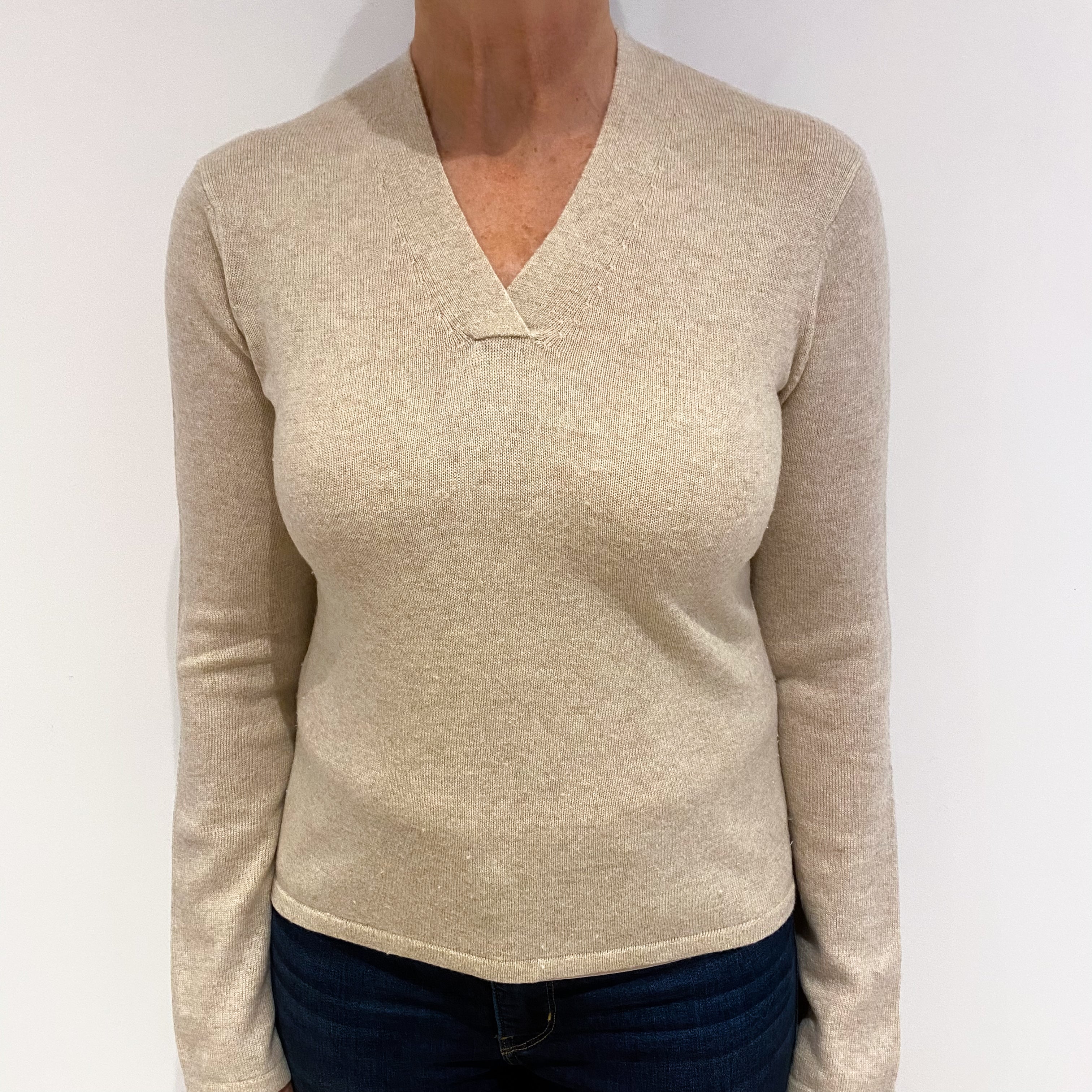 Fawn Beige Cashmere V Neck Jumper Medium