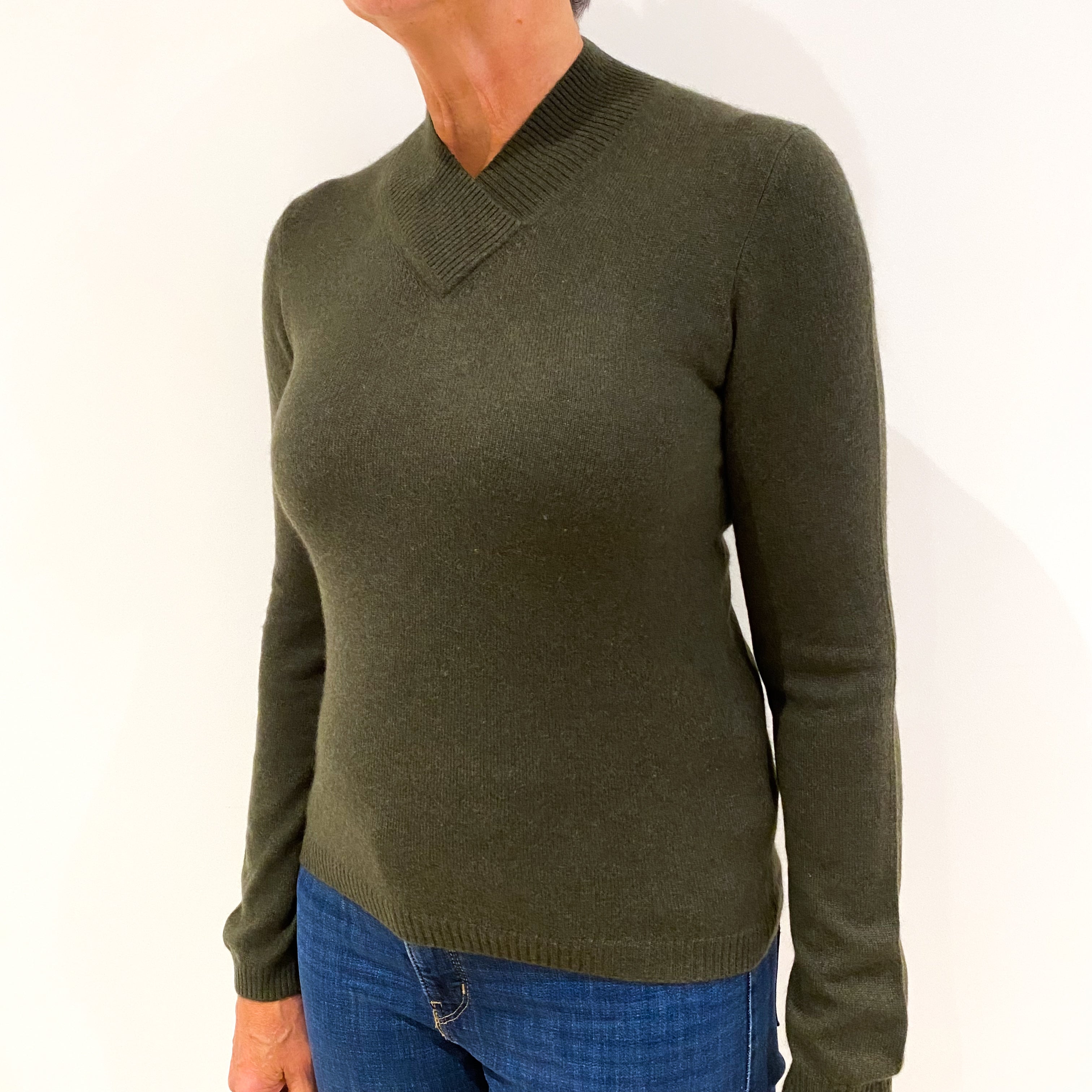 Khaki Green Cashmere V-Neck Jumper Medium