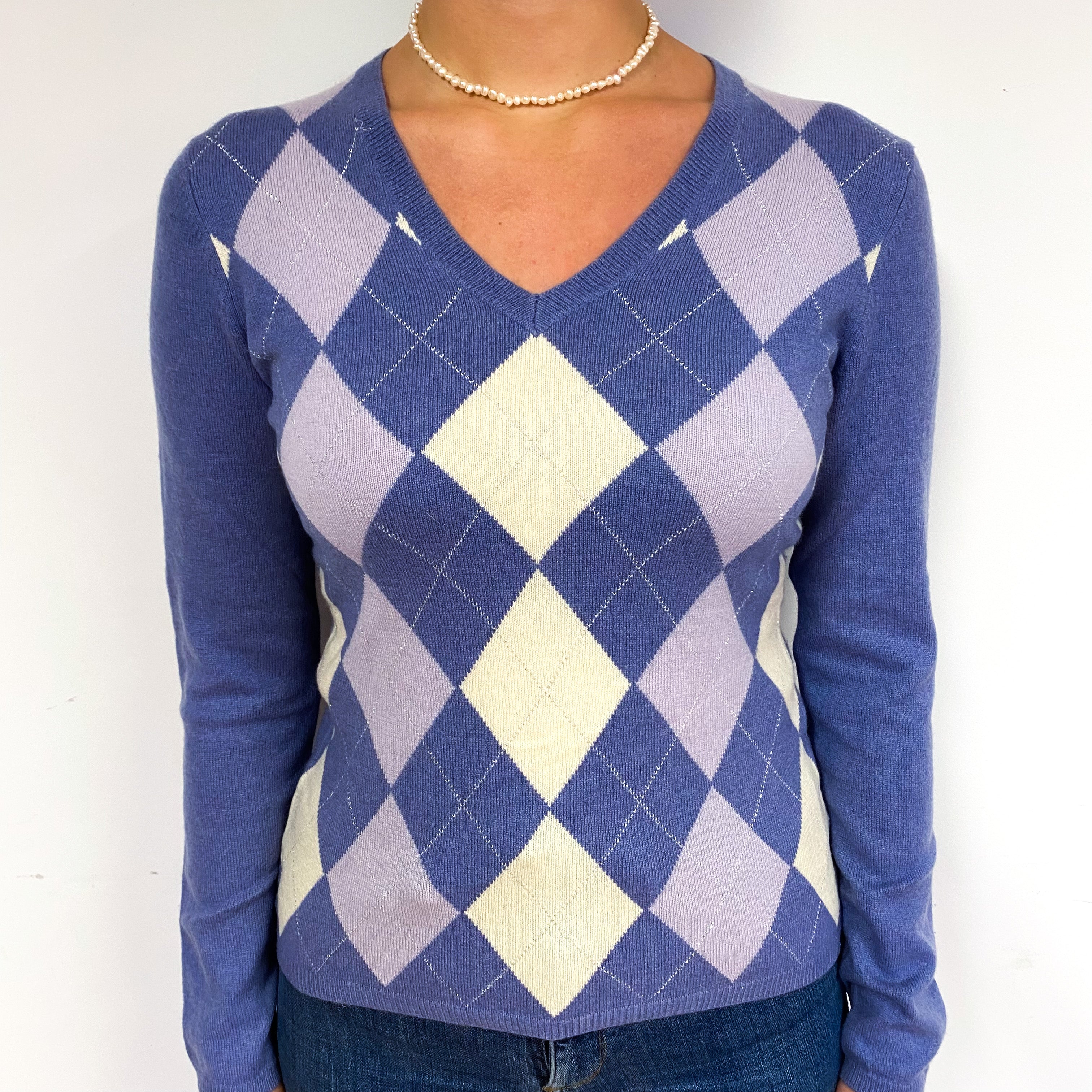 Purple Diamond Pattern Cashmere V-Neck Jumper Small