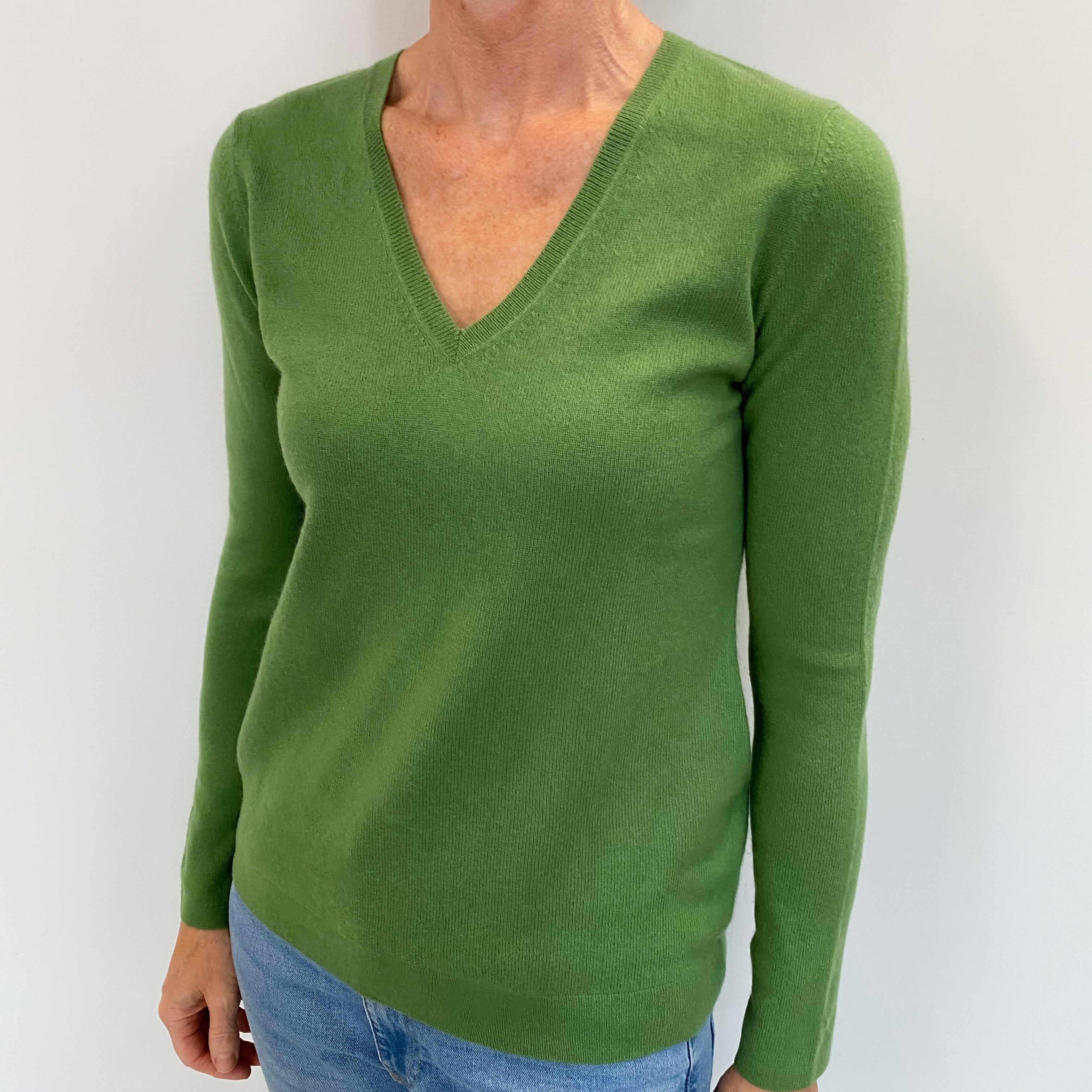 Fern Green Cashmere V Neck Jumper Small