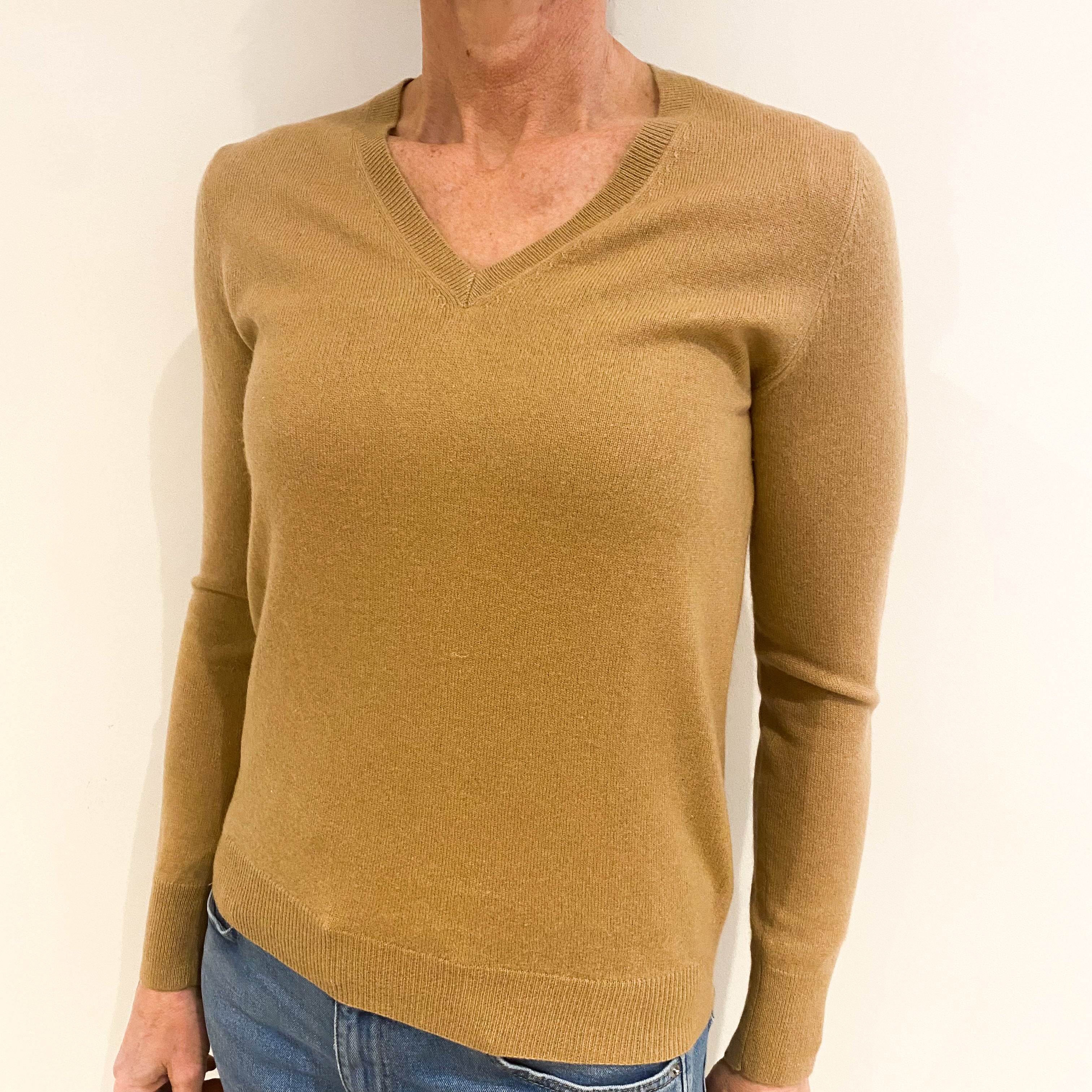 Camel Brown Cashmere V Neck Jumper Small