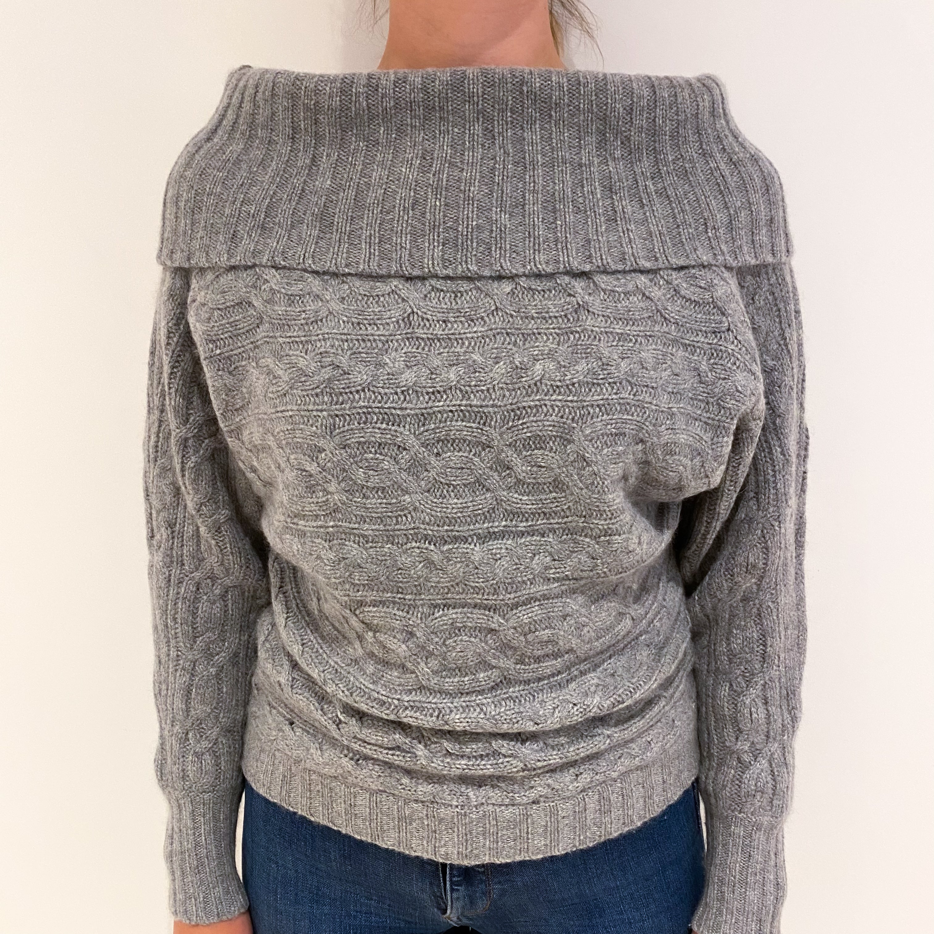 Ash Grey Cable Cashmere Off Shoulder Batwing Jumper Small