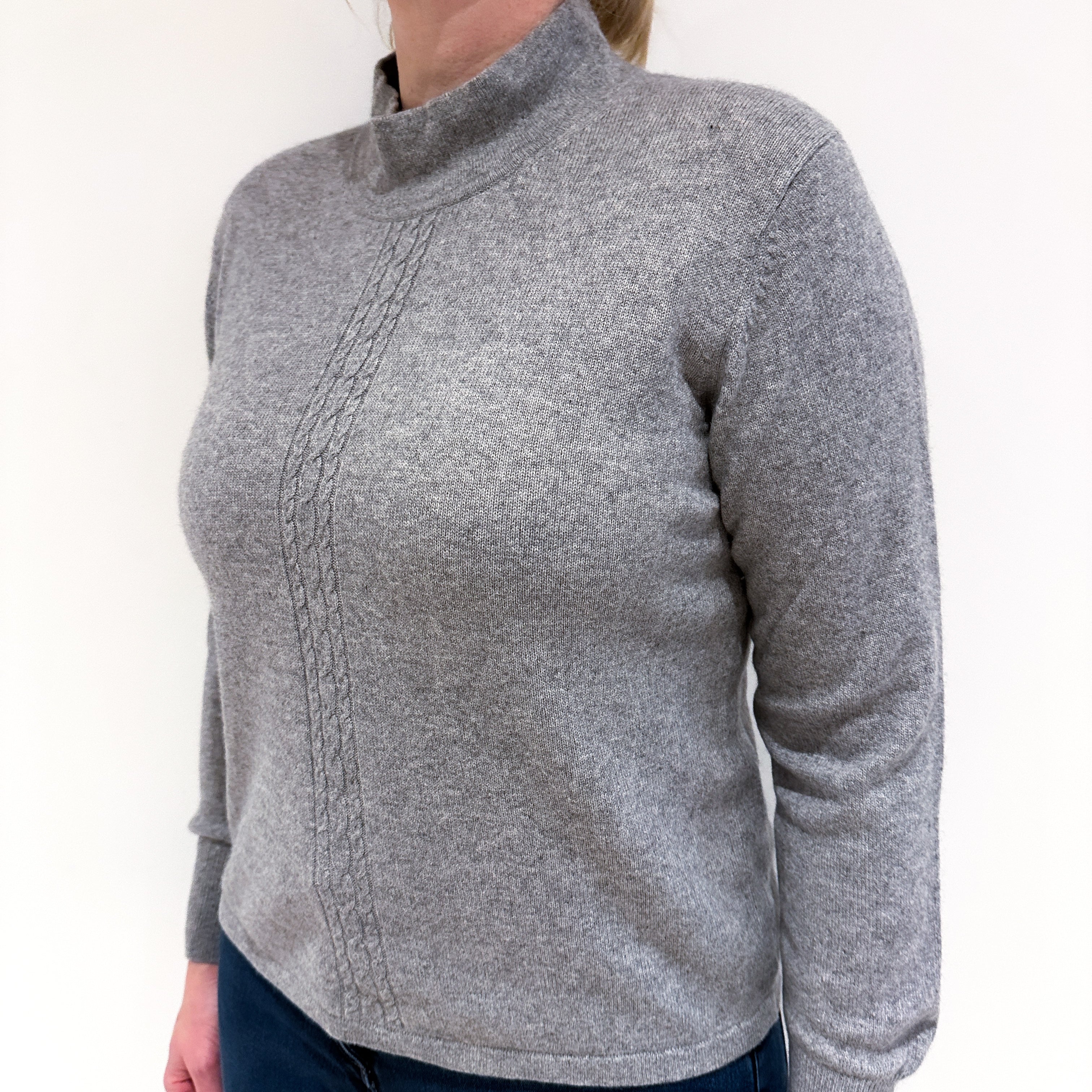Smoke Grey Cable Detail Cashmere Turtle Neck Jumper Large