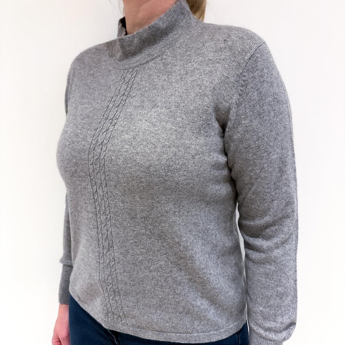 Smoke Grey Cable Detail Cashmere Turtle Neck Jumper Large