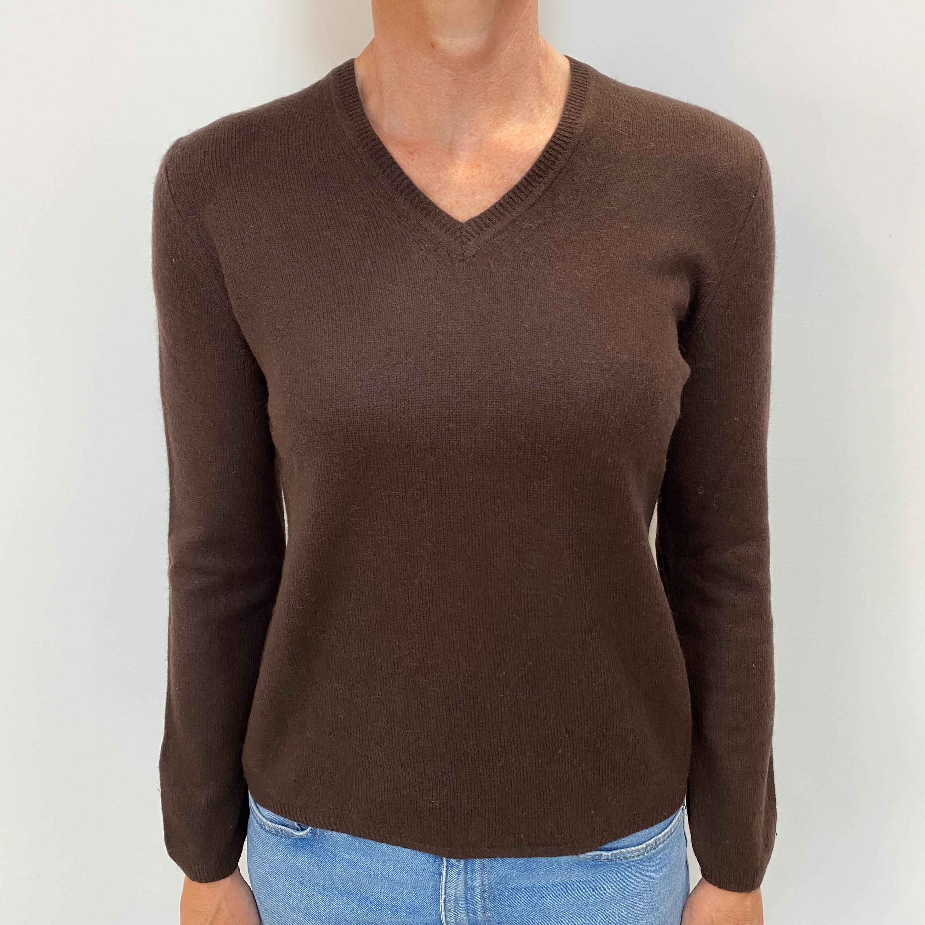 Chocolate Brown Cashmere V Neck Jumper Small