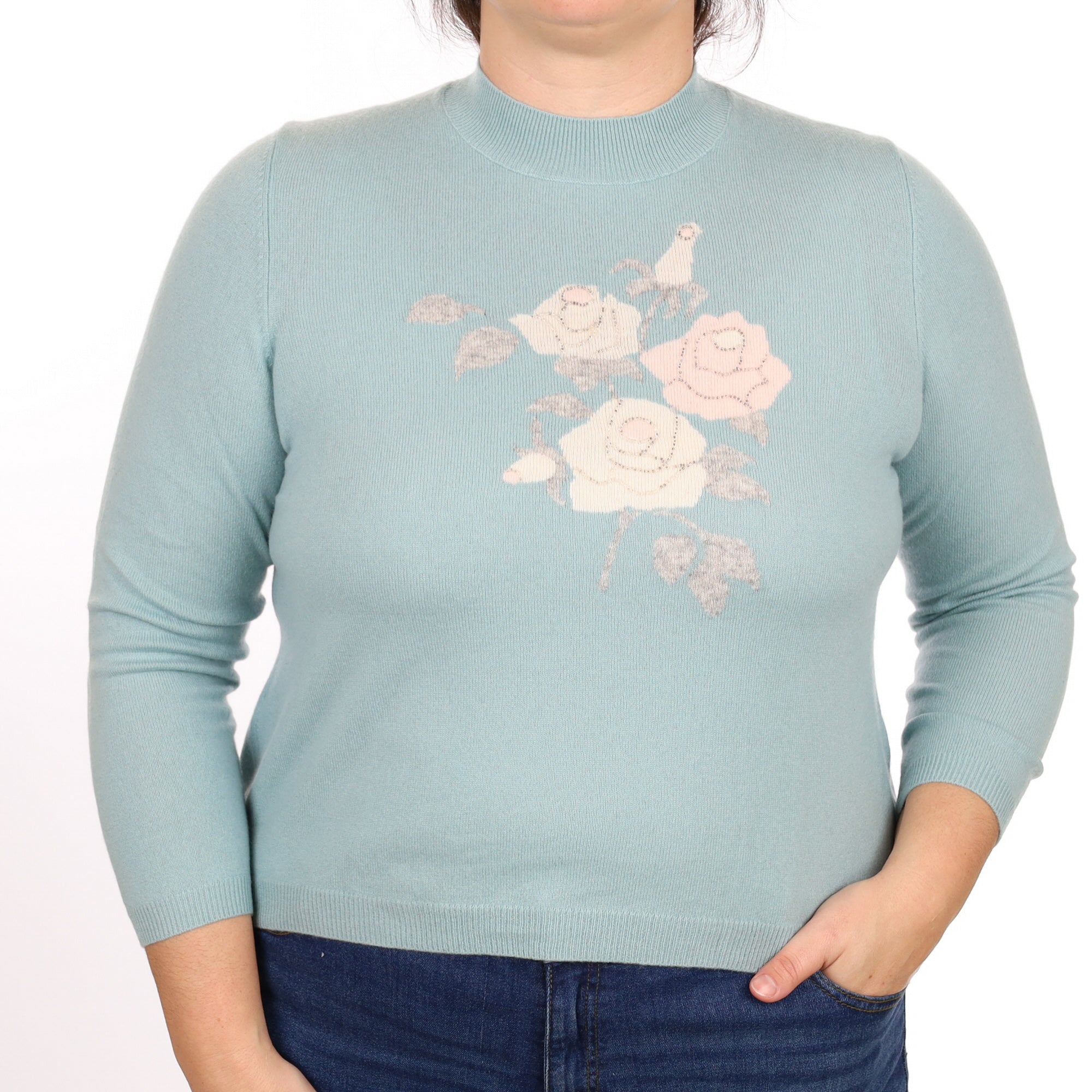 Duck Egg Floral Cashmere Turtle Neck Jumper Large