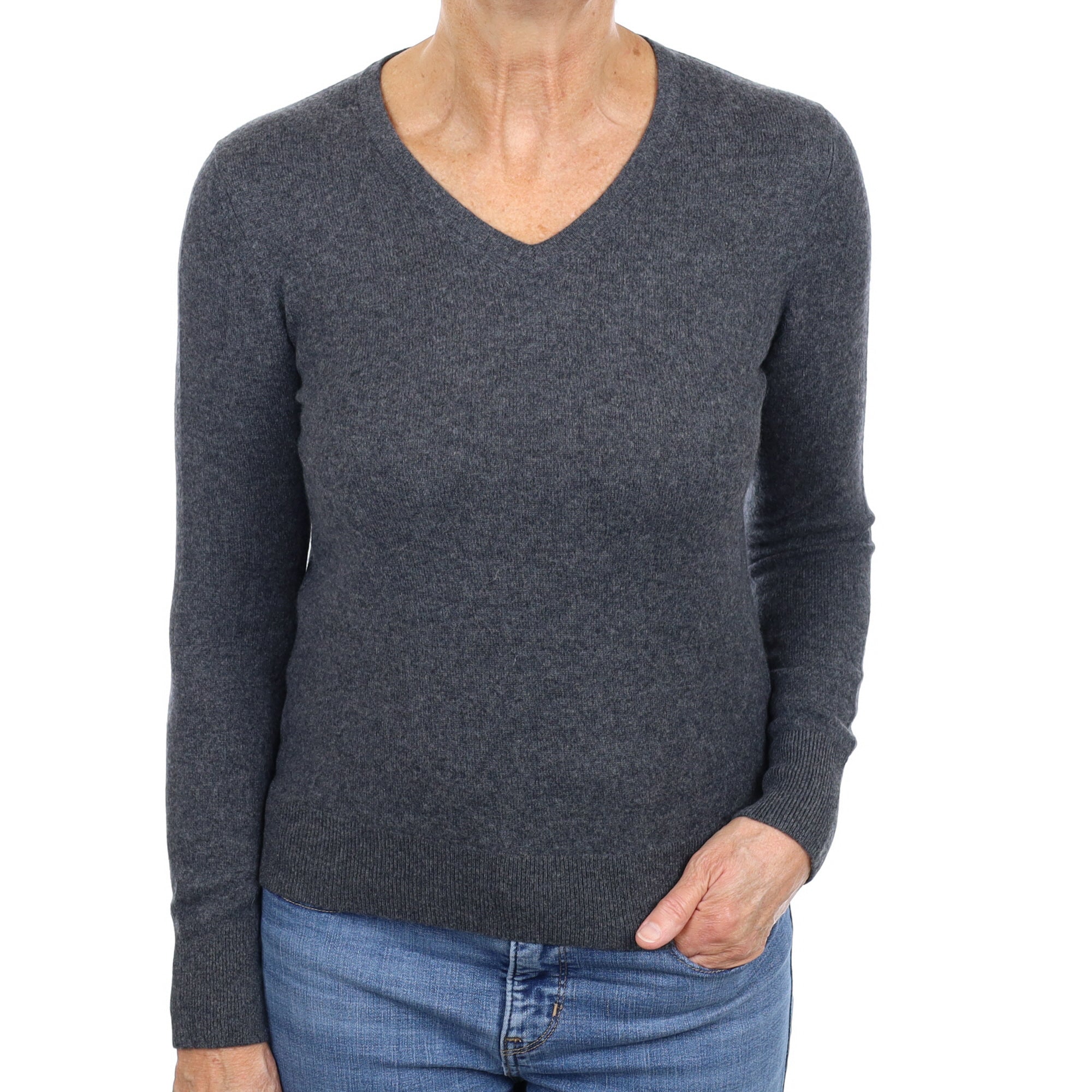 Charcoal Grey Cashmere V Neck Jumper Medium