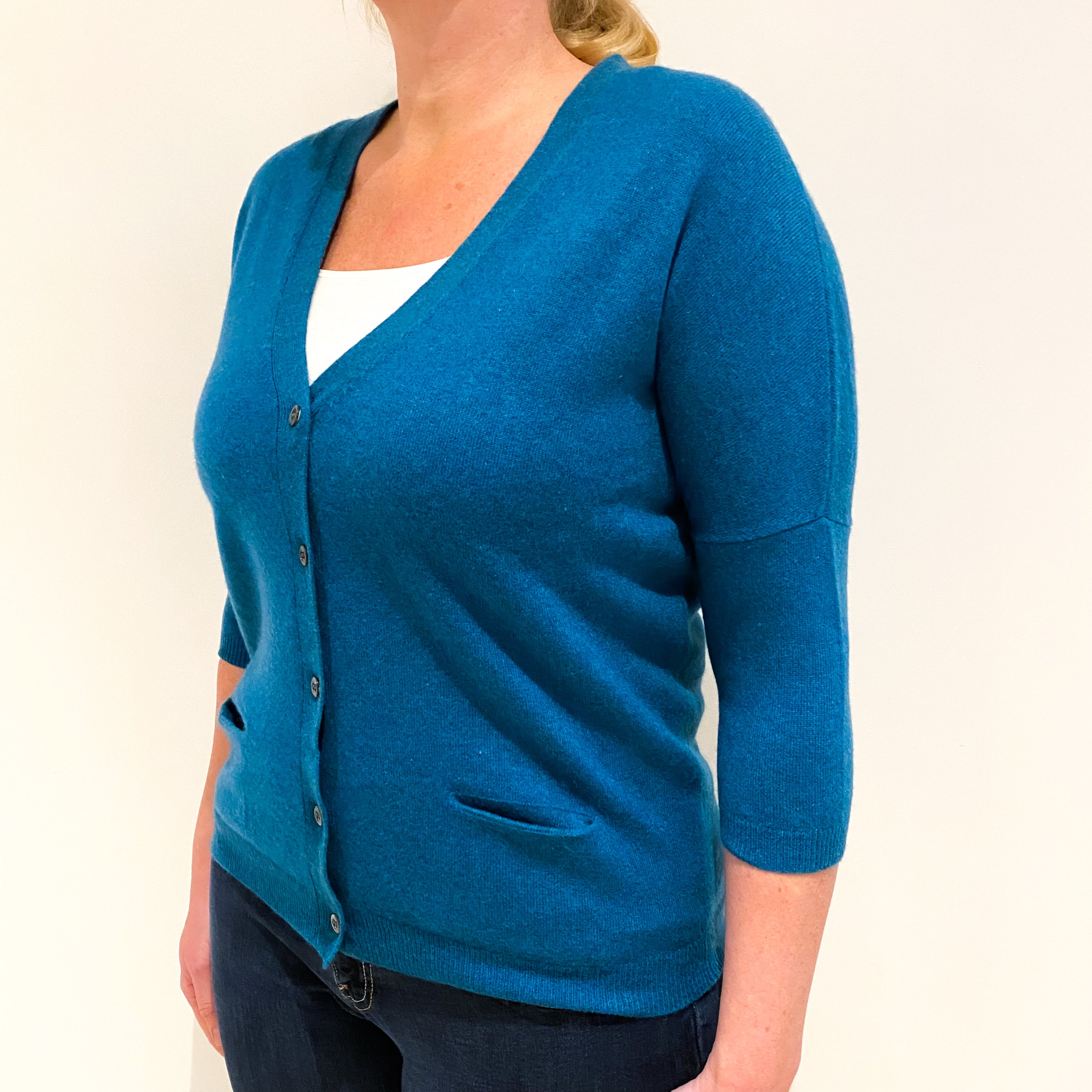 Teal Blue 3/4 Sleeved Cashmere V-Neck Cardigan Large